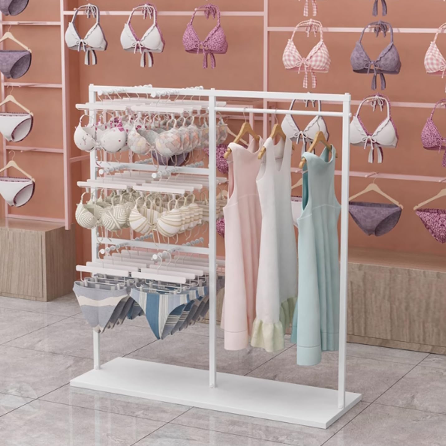 Clothing Store Garment Rack Freestanding Clothing Store Scarf Storage Organizer Rack, Underwear Rack,Retail Store Panty Shorts Bra Silk Shawl Display Stand for Boutique Mall (White 120X40X130CM)
