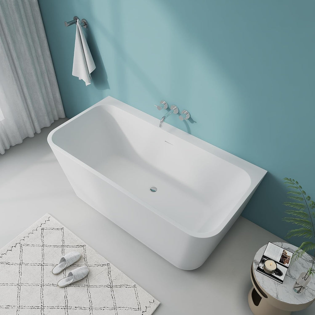 59' Modern Stand Alone Free Standing Bathtubs, White Acrylic Tub | Upgraded Square Soaking Bathroom Tub with CUPC Drain