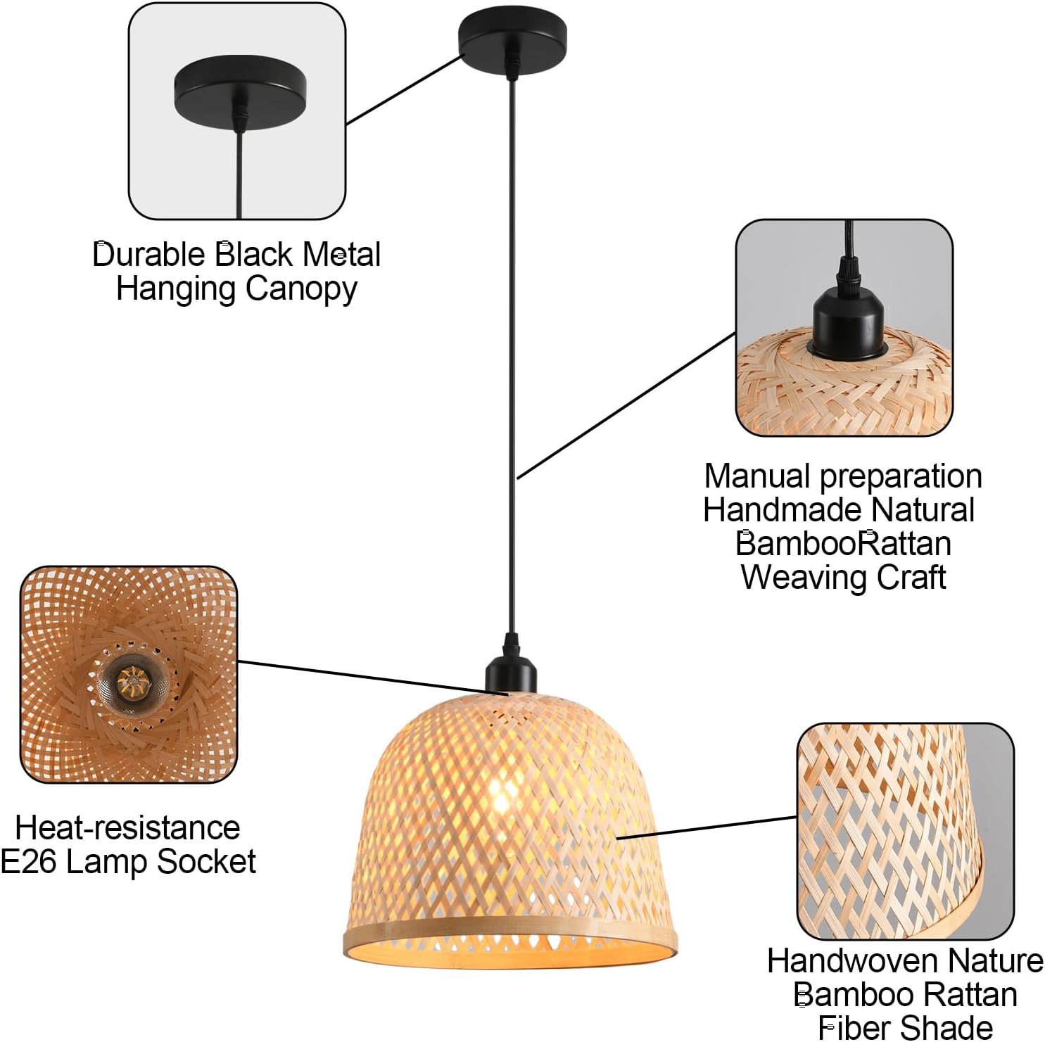 Bamboo Pendant Light 11.02' Hand Woven Bamboo Chandelier,3-Pack Rattan Ceiling Hanging Light,for Living Room Kitchen Dining Room Farmhouse