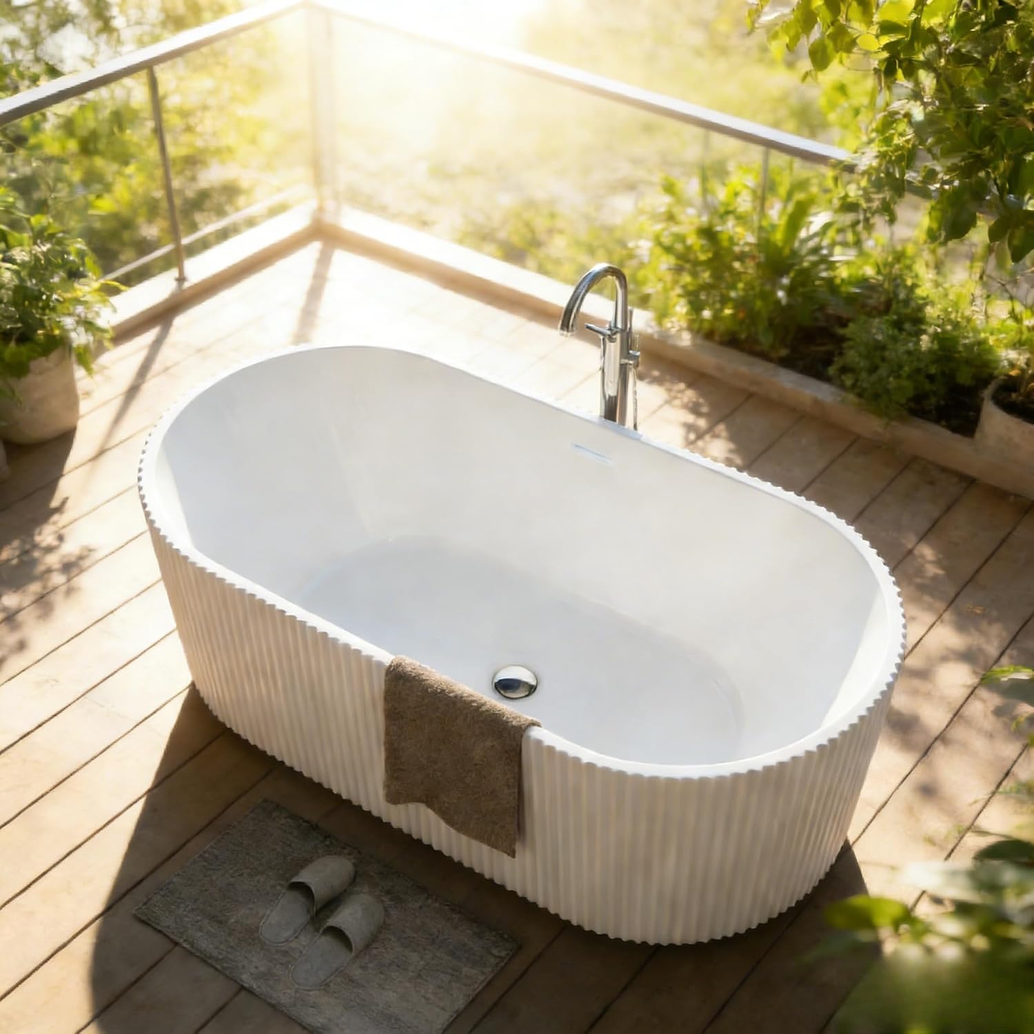 59' Acrylic Freestanding Bathtub, Modern Acrylic Soaking Bathtub, Freestanding Rectangular Tub with Matte Drain and Overflow, Ergonomic Deep Design, Double-Walled Insulation, CUPC Certified