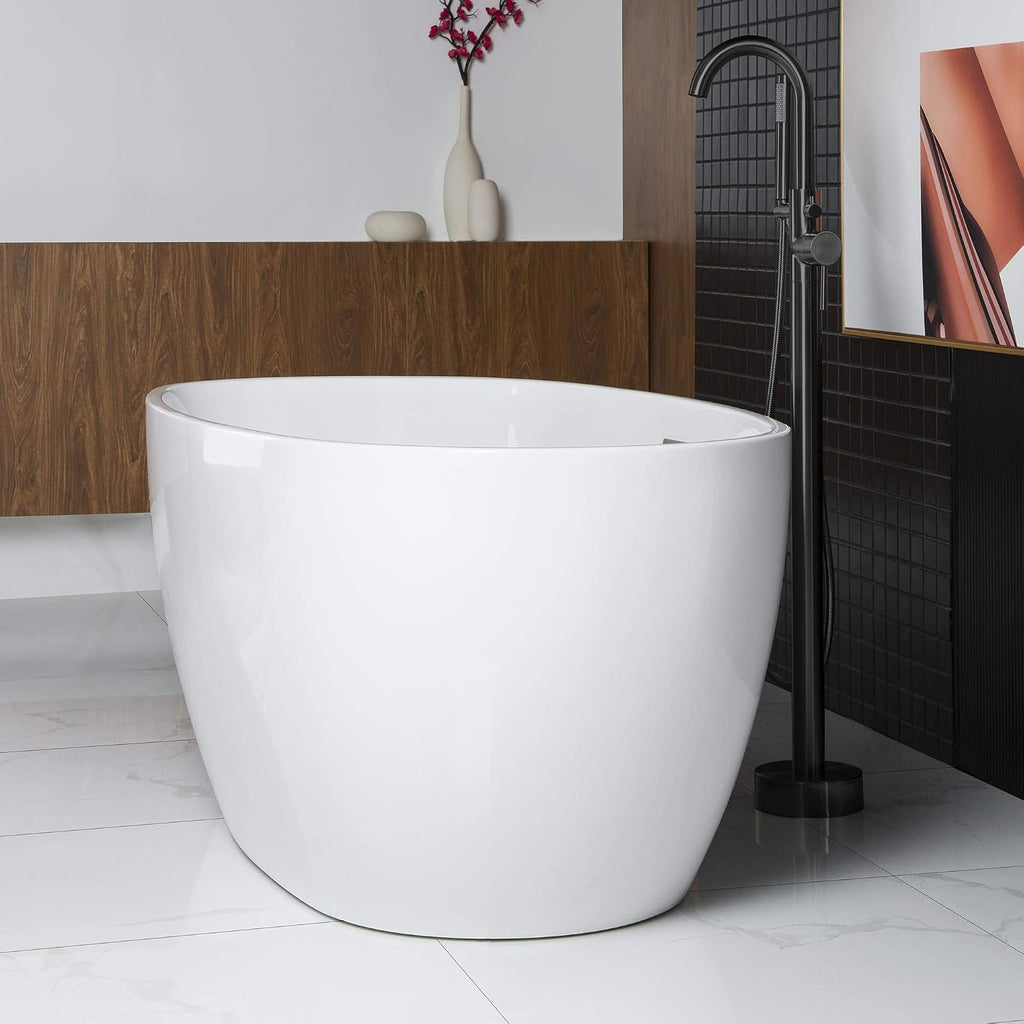 WOODBRIDGE 59'Freestanding White Acylic Soaking Bathtub with Matte Black Drain and Overflow,BTA1518 -MB-Drain &O