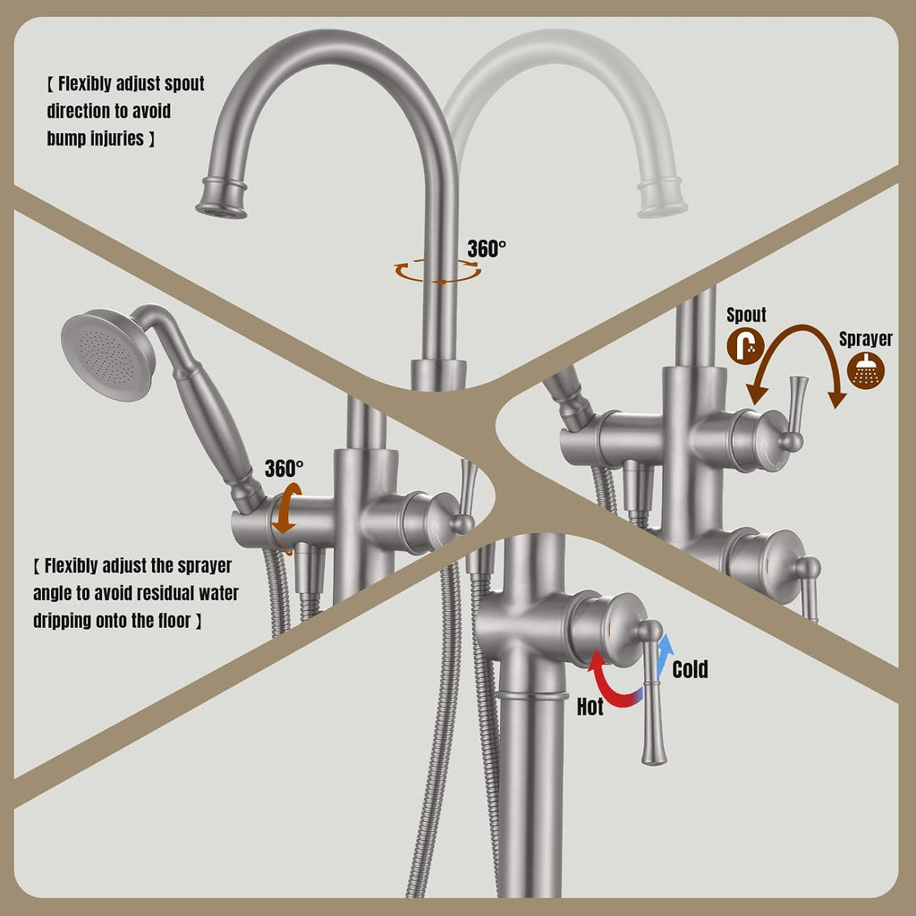 Free Standing Tub Faucet, Antique, Brushed Nickel (B2311-BN) | H59-1 Premium Solid Brass, High Flow 6.6 GPM, Elegant & Vintage Styling
