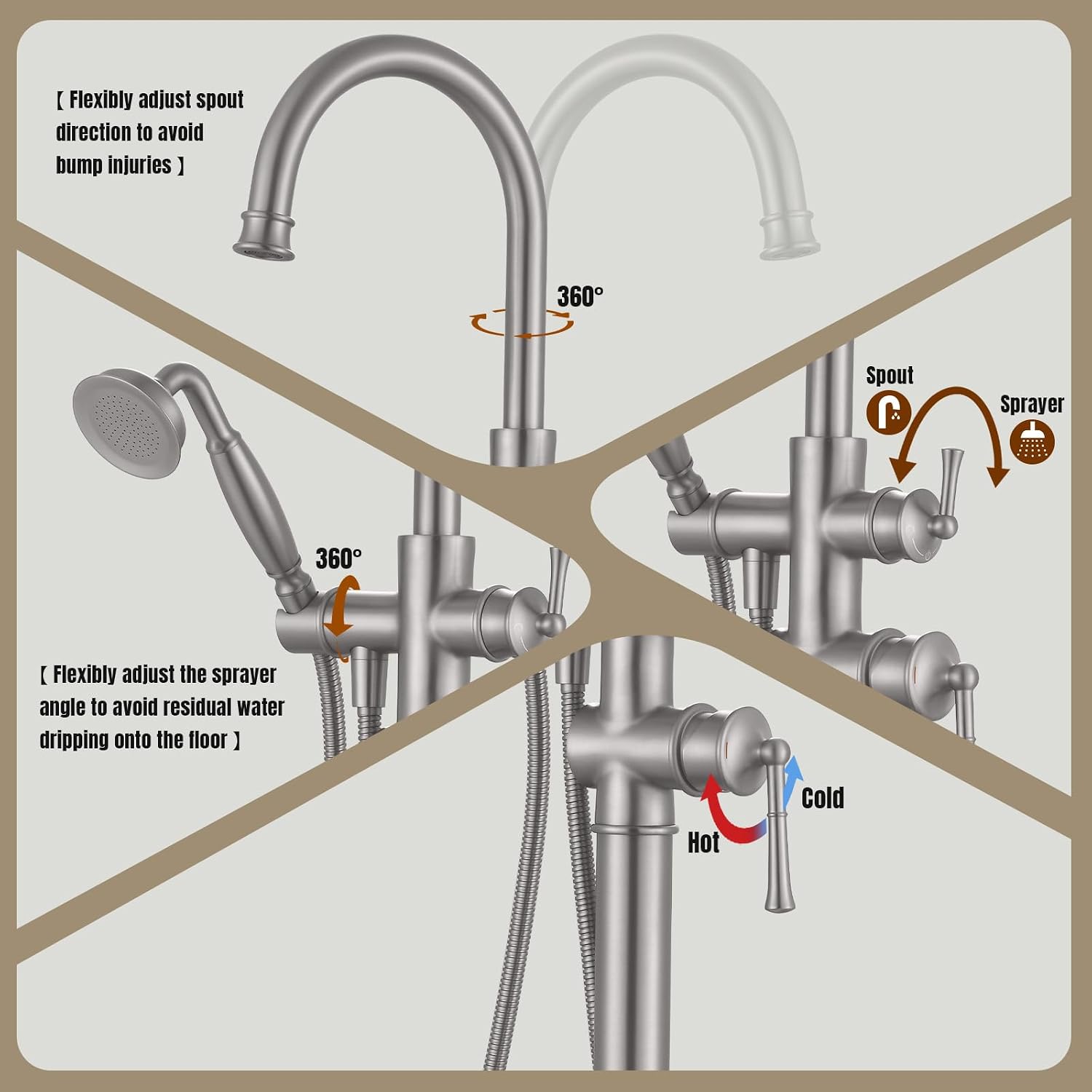 Free Standing Tub Faucet, Antique, Brushed Nickel (B2311-BN) | H59-1 Premium Solid Brass, High Flow 6.6 GPM, Elegant & Vintage Styling