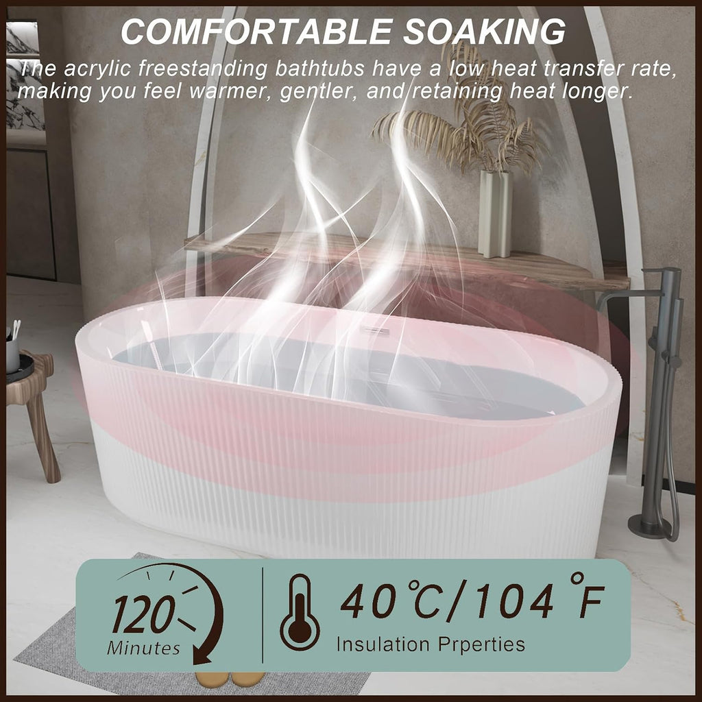 59' Acrylic Bath Tub Glossy White Linear Freestanding Bathtub Modern 55 Gal Stand Alone Soaking Tub with Pop-Up Chrome Drain & Overflow for Indoor Bathing