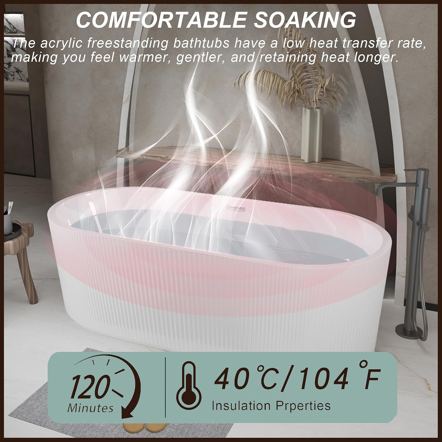 59' Acrylic Bath Tub Glossy White Linear Freestanding Bathtub Modern 55 Gal Stand Alone Soaking Tub with Pop-Up Chrome Drain & Overflow for Indoor Bathing