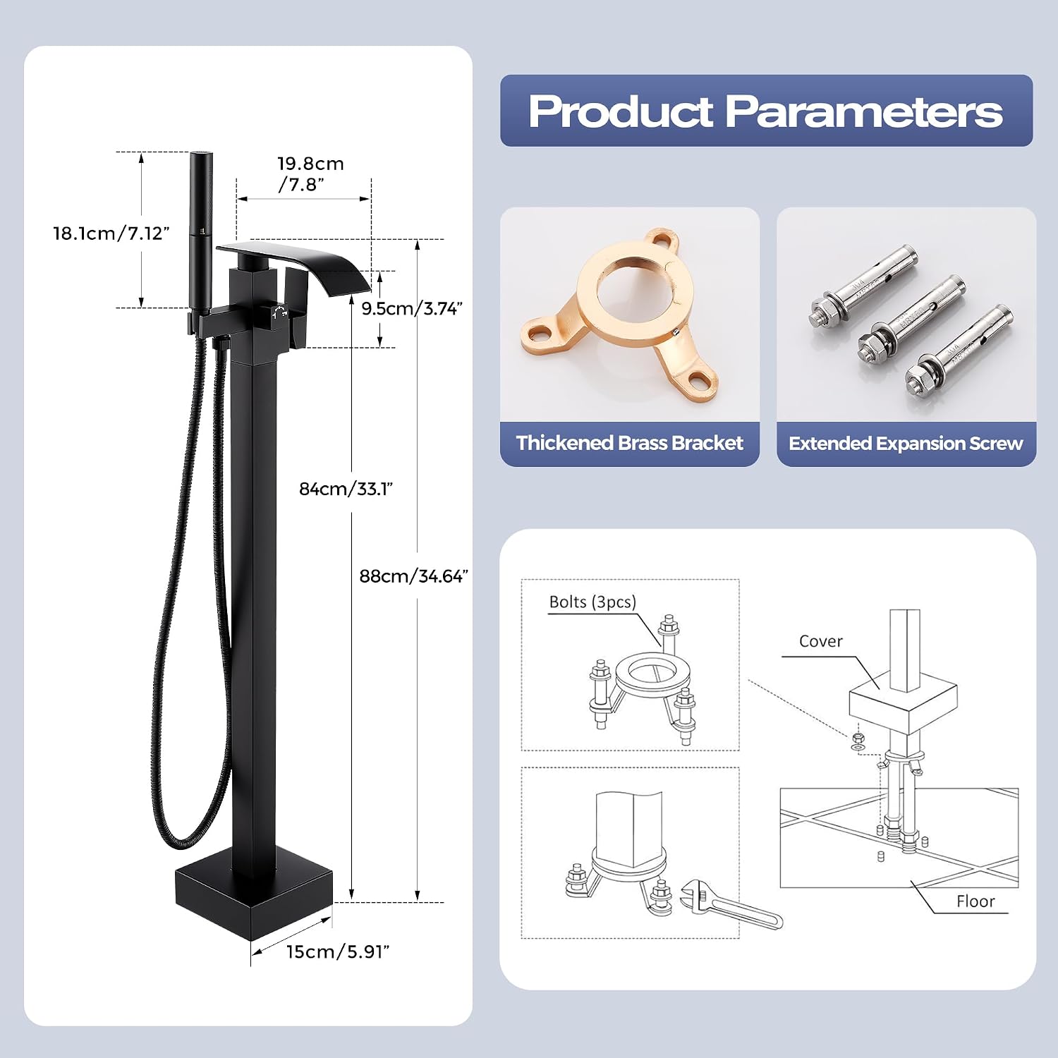 Waterfall Freestanding Bathtub Faucet, Floor Mount Bathroom Tub Filler Shower Faucets with Handheld Sprayer, Matte Black
