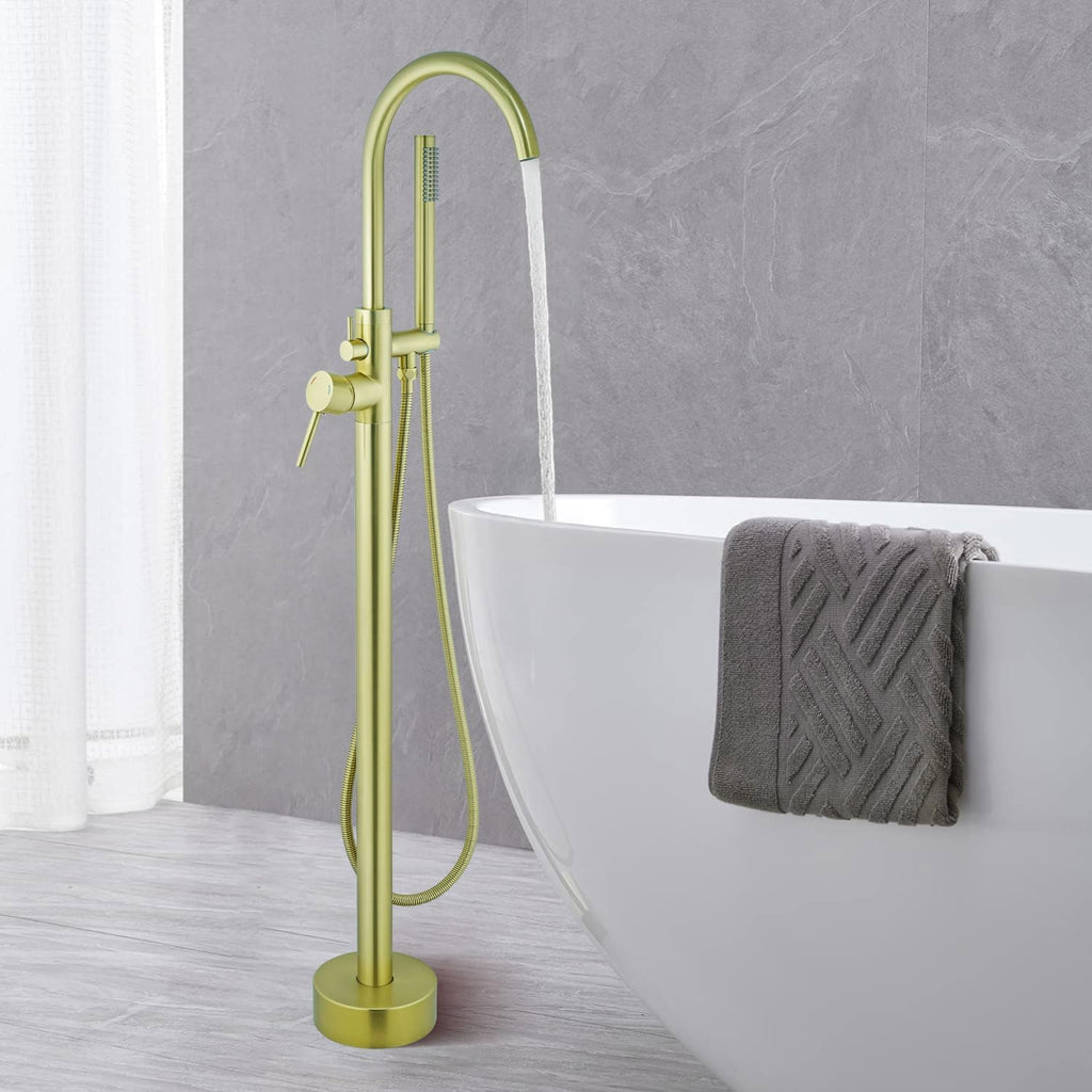 Free Standing Tub Faucet, Floor Mount Freestanding Tub Faucets, Brass Stand Alone Tub Filler, High Flow Bathtub Shower Mixer Tap (Brushed Gold)
