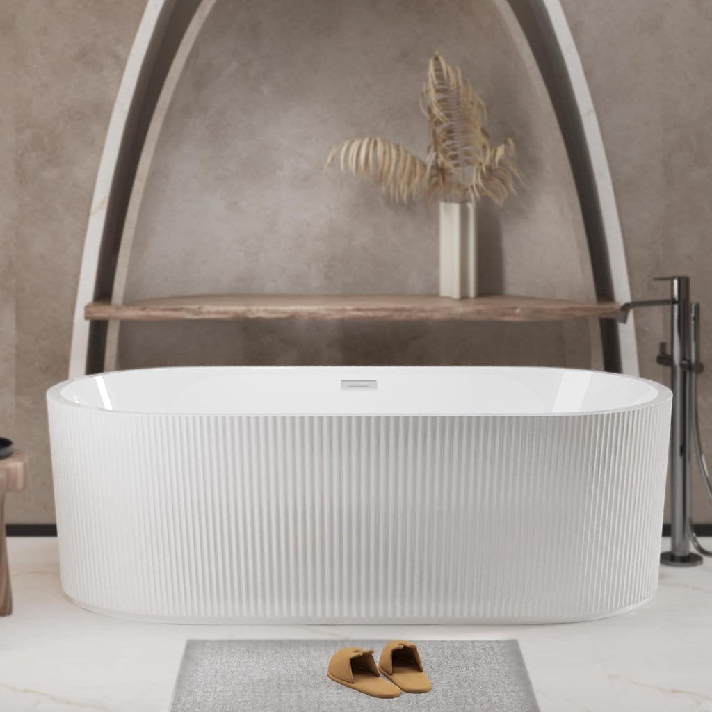 KEIKI 59' Freestanding Acrylic Soaking Bathtub, Modern Minimalist Bathroom Oval Deep Soak Tub, cUPC Certified,Toe-tap Chrome Drain,Glossy White