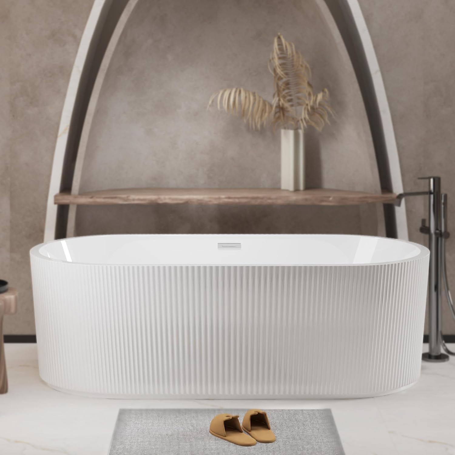 KEIKI 59' Freestanding Acrylic Soaking Bathtub, Modern Minimalist Bathroom Oval Deep Soak Tub, cUPC Certified,Toe-tap Chrome Drain,Glossy White