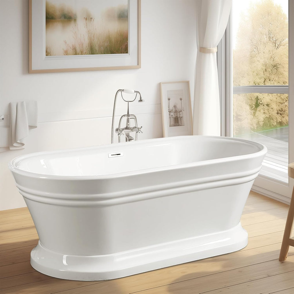 Vanity Art 67 x 31 Inches Freestanding White Acrylic Bathtub Modern Stand Alone Soaking Tub with UPC Certified Slotted Overflow and Pop-up Drain VA6610-L-PW