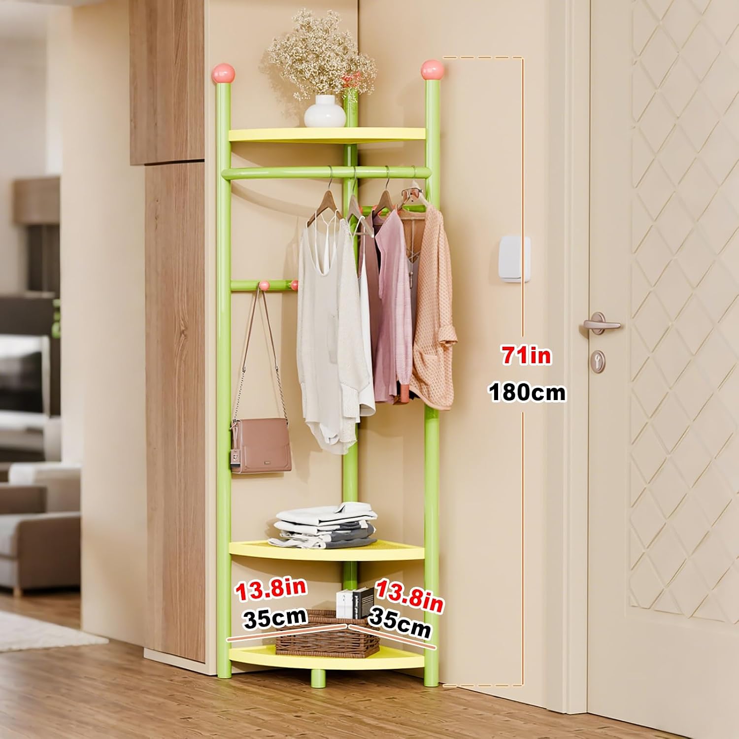 Corner Coat Rack, Corner Hall Tree with 3 Tier Shelves, Metal Clothes Rack, Freestanding Garment Racks for Bedroom, Living Room, Entryway(Purple)