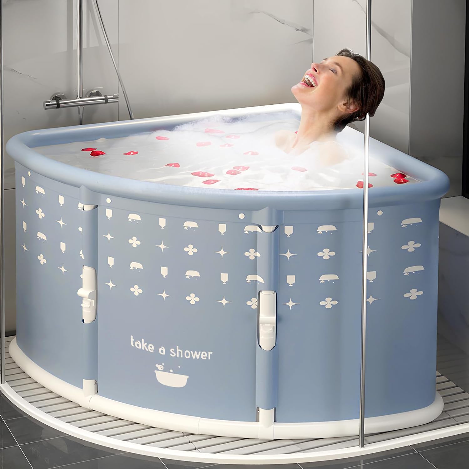 Foldable Bathtub, Bath Pillows for Tub, Foot Bath Soak Tub, Soaking Baths for Adults, Bath Tub Toys for Toddlers 1-3, PVC Material, Fan Shape, Large Space, 38.58' L x 29.53' W x 21.65' H