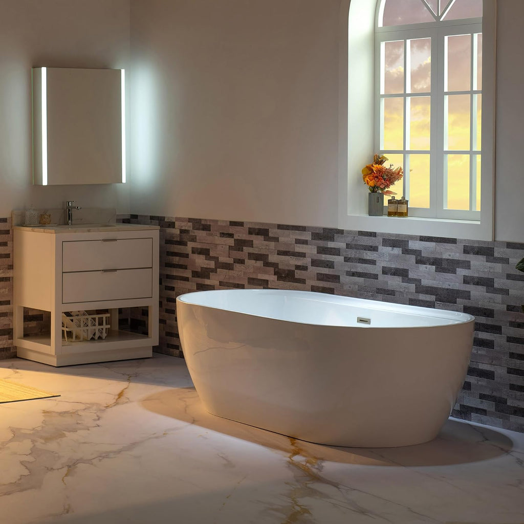 WOODBRIDGE 72' Acrylic Freestanding Bathtub Contemporary Soaking White Tub with Brushed Nickel Overflow and Drain,B0059-BN