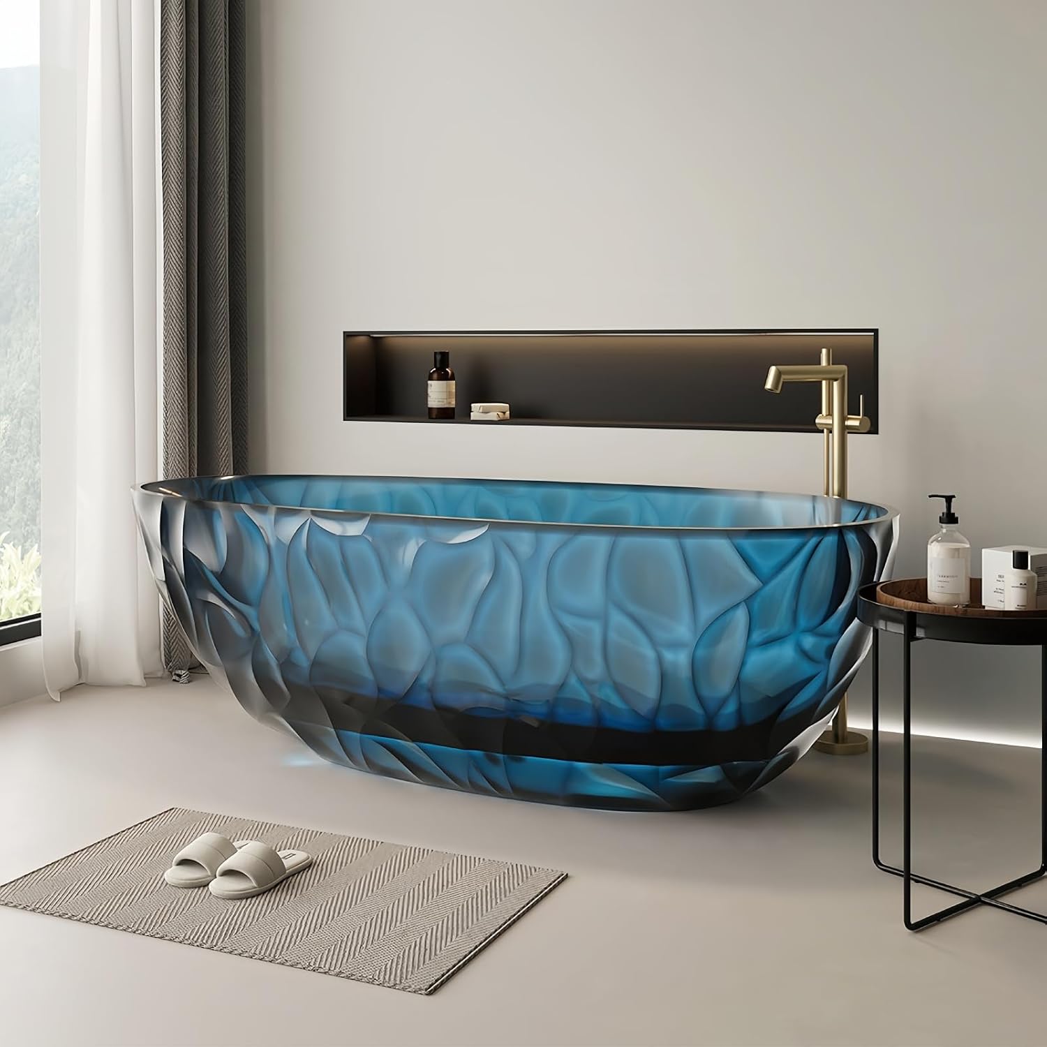 63' Edeyeu Clear Freestanding Bathtub – Designer Solid Surface Bathtub With Ripple Texture, Extra Deep Soaking Tub, Ergonomic Stand Alone Tub For Modern Luxury Bathrooms B