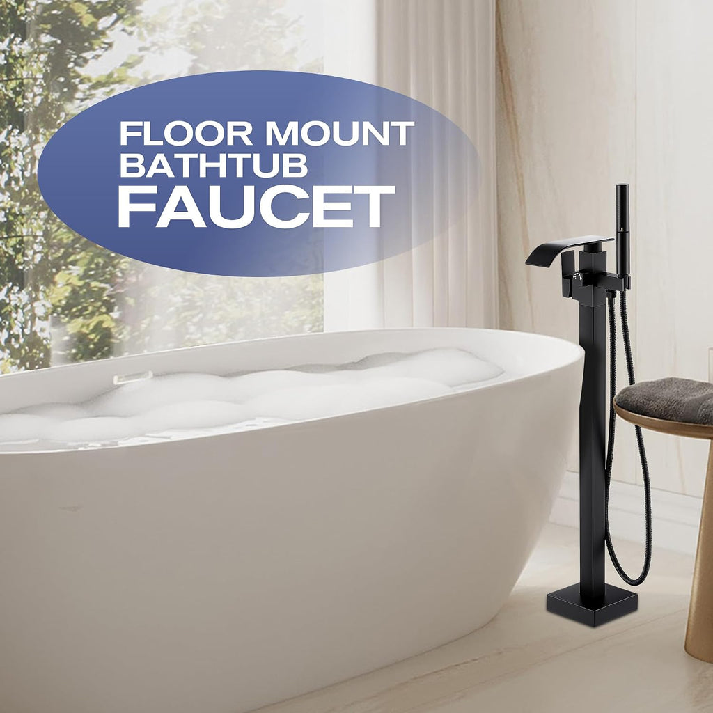 Waterfall Freestanding Bathtub Faucet, Floor Mount Bathroom Tub Filler Shower Faucets with Handheld Sprayer, Matte Black