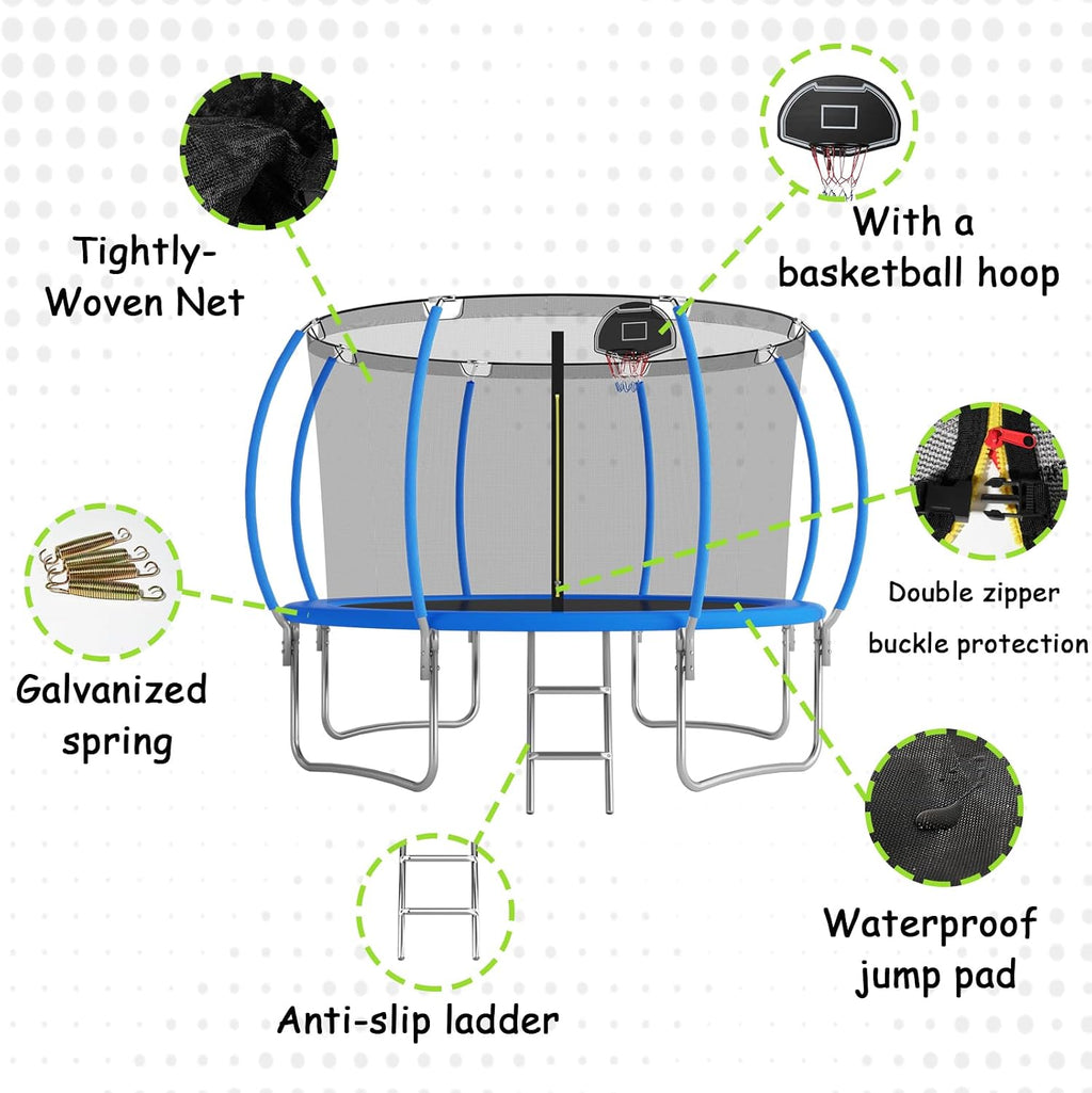 Tranpoline 10FT 12FT 14FT 16FT Tranpoline for Kids with Safety Enclosure Net Recreational Tranpoline for Adults ASTM Approval Backyard Outdoor Tranpoline with Basketball Hoop