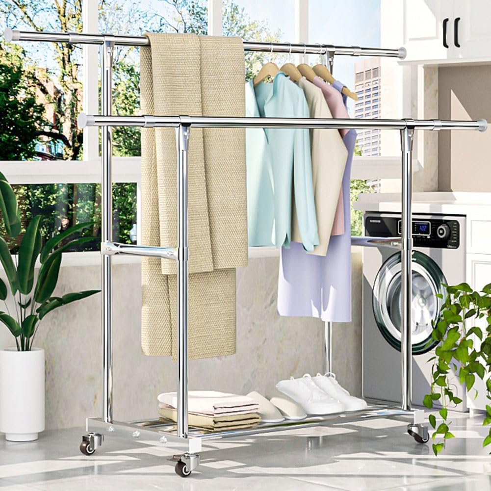 Double Rod Extendable Clothes Garment Rack with Wheels, Rolling Clothes Organizer with Storage Shelf, Clothes Rail with 4 Wheels, Space Saving, Load 100kg