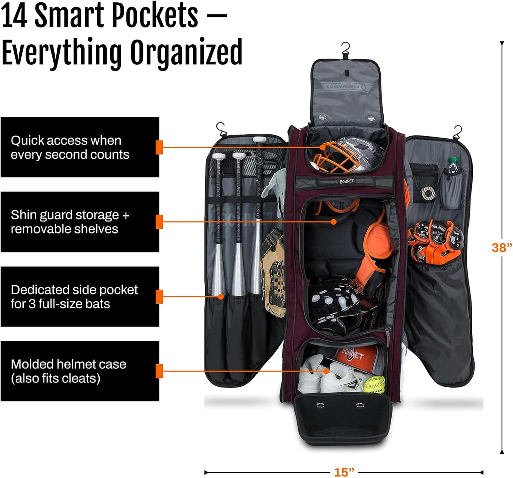 Bownet Commander Rolling Catcher's Gear Bag with Wheels – Baseball & Softball Equipment Bag for Travel Ball, Youth & Adult, 14 Pockets, Molded Helmet Case, Airline Approved