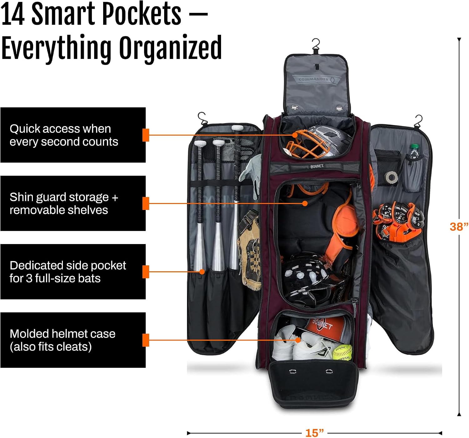 Bownet Commander Rolling Catcher's Gear Bag with Wheels – Baseball & Softball Equipment Bag for Travel Ball, Youth & Adult, 14 Pockets, Molded Helmet Case, Airline Approved