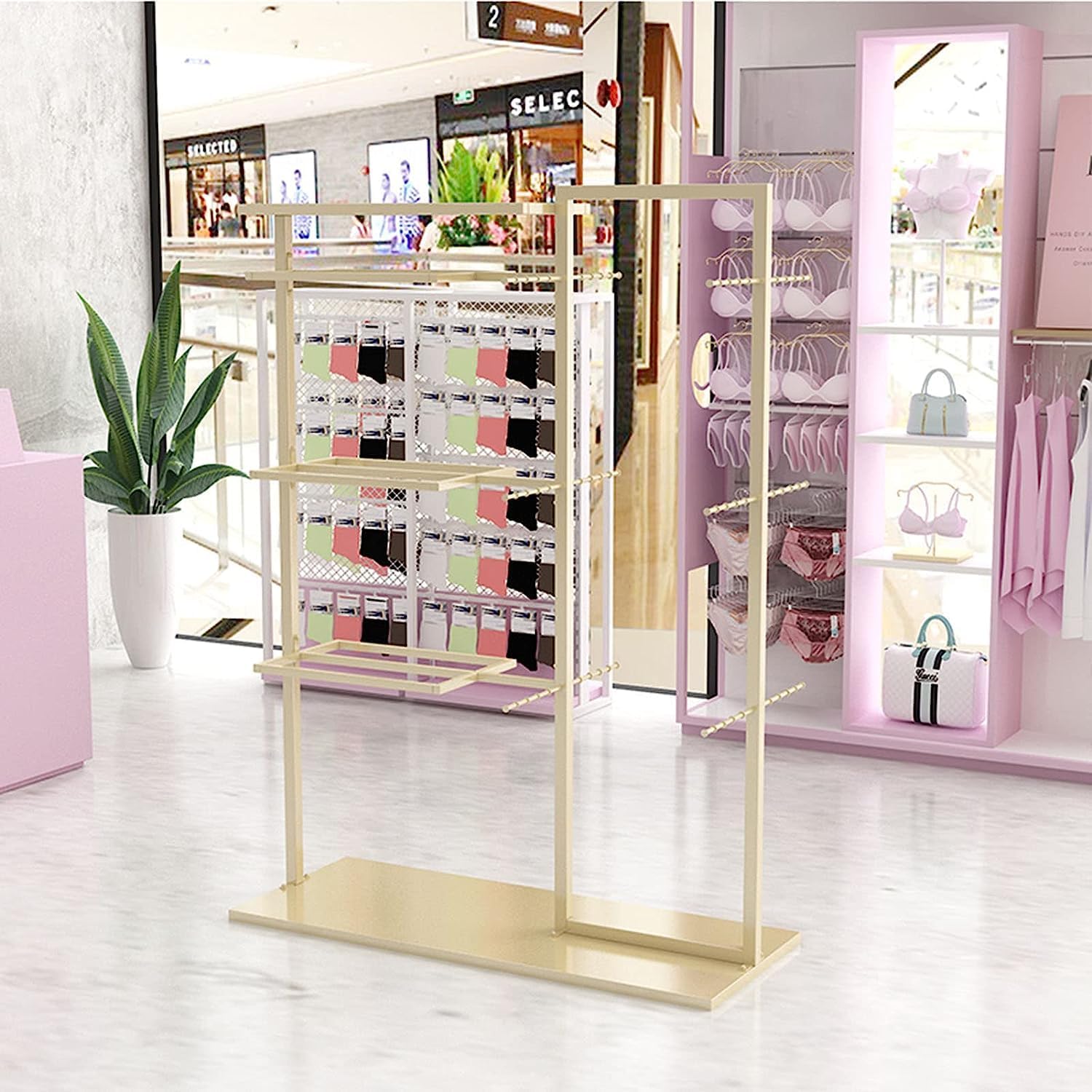 Retail Store Display Rack,Free Standing Garment Rack,Double Sided Coat Hanger,Heavy Duty Metal Underwear,Bra,Shorts and Socks Display Rack,Island Rack with