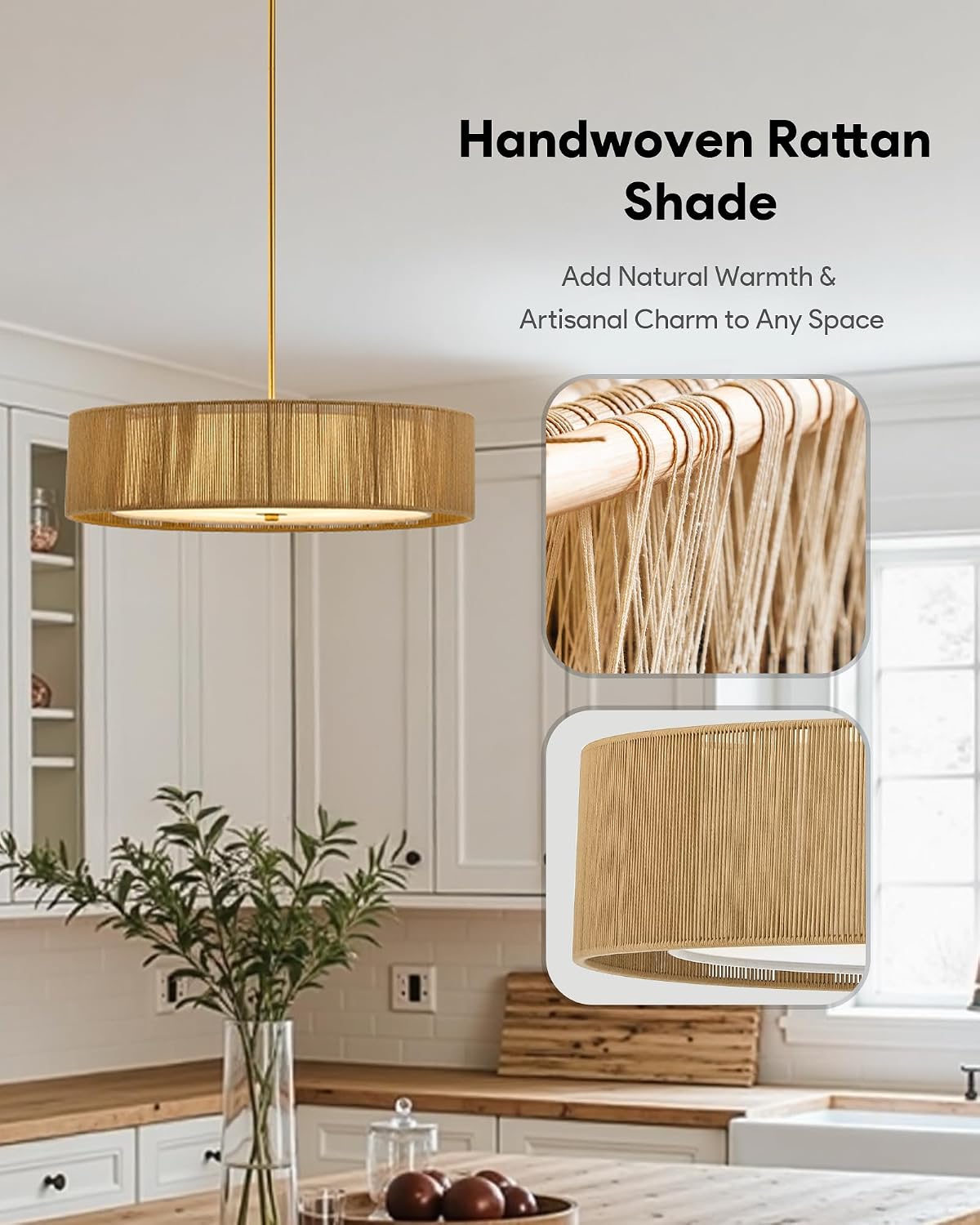 VONLUCE 20' Boho Rattan Chandelier, 4-Light Drum Chandelier with 2-Tier Woven Lampshade, Rattan Ceiling Light for Dining Room Bedroom Living Room with E26 Sockets, Gold Finish, ETL Certified