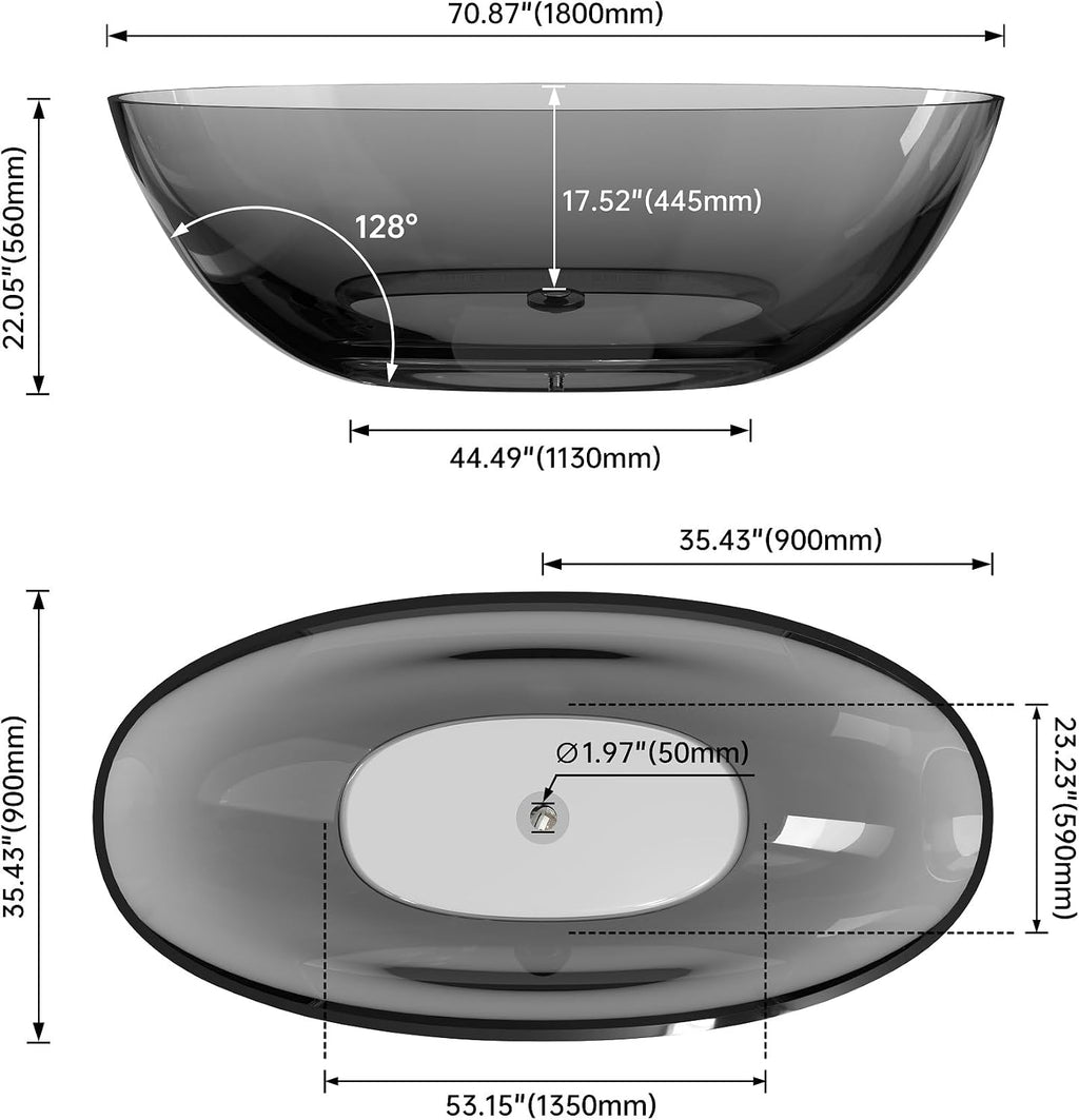 71' Premium Solid Surface Freestanding Bathtubs, Upgraded Transparent Dark Grey Oval Resin Soaking Tub with Pop-up Drain