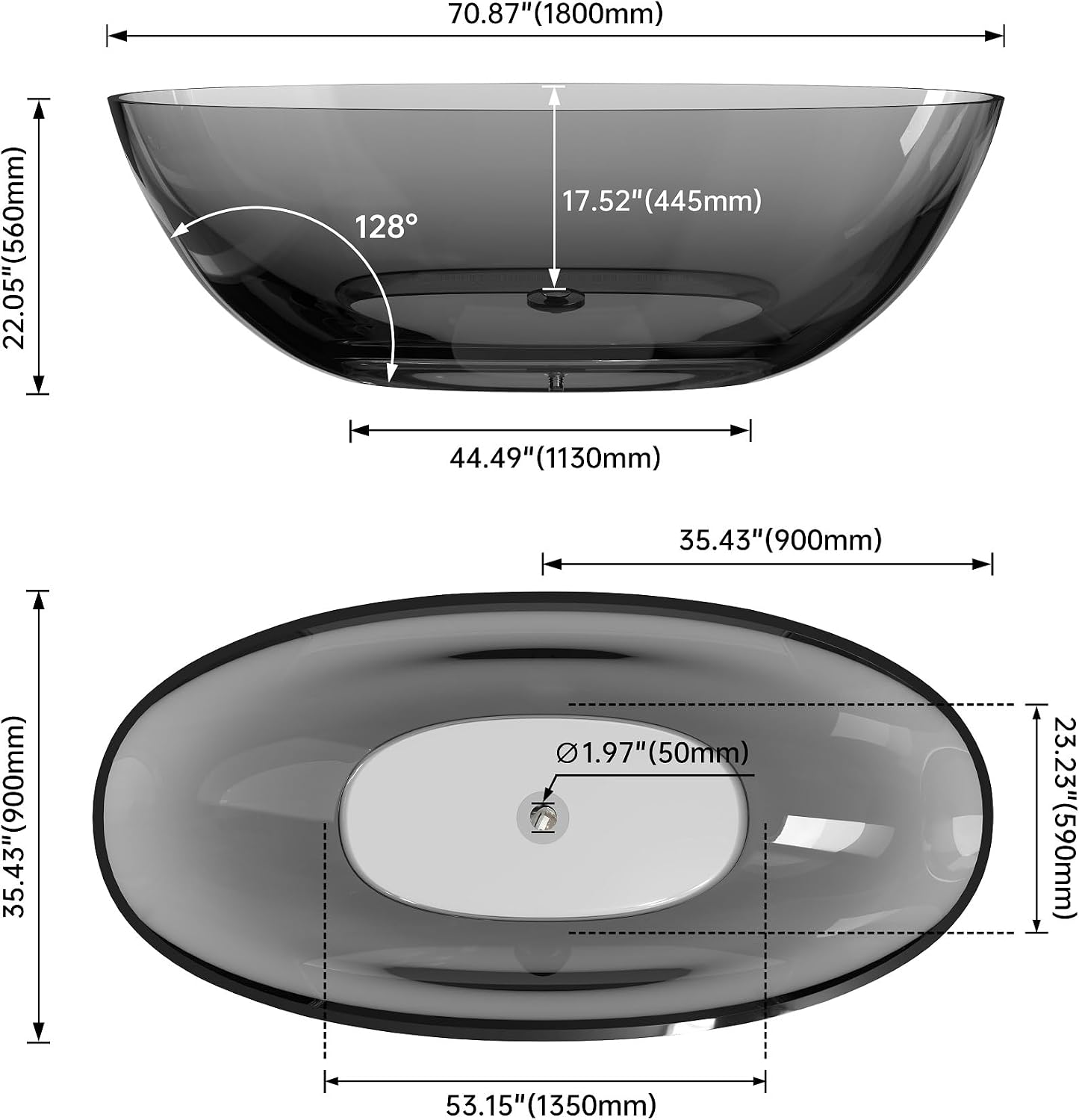 71' Premium Solid Surface Freestanding Bathtubs, Upgraded Transparent Dark Grey Oval Resin Soaking Tub with Pop-up Drain