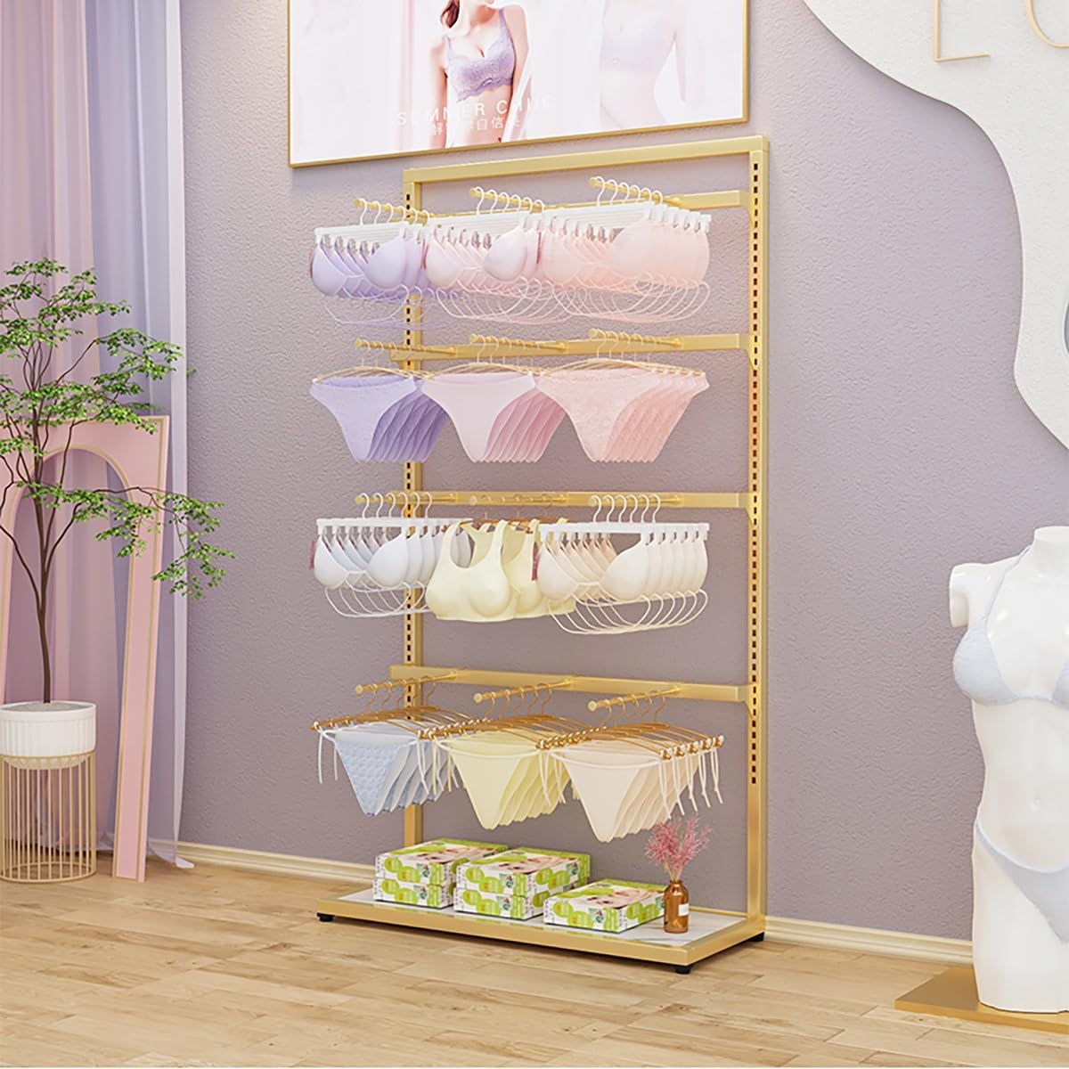 Underwear Display Rack,4 Tier Lingerie Garment Rack Retail Clothing Rack,Metal Display Shelves,Freestanding Clothing Store Boutiques Retail Lingerie Garment Rack(White,80 * 160cm/31.5 * 63in)