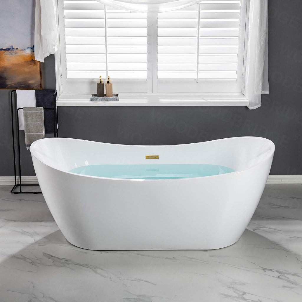WOODBRIDGE 71' Acrylic Freestanding Bathtub Contemporary Soaking White Tub with Brushed Gold Overflow and Drain,B0017-BG