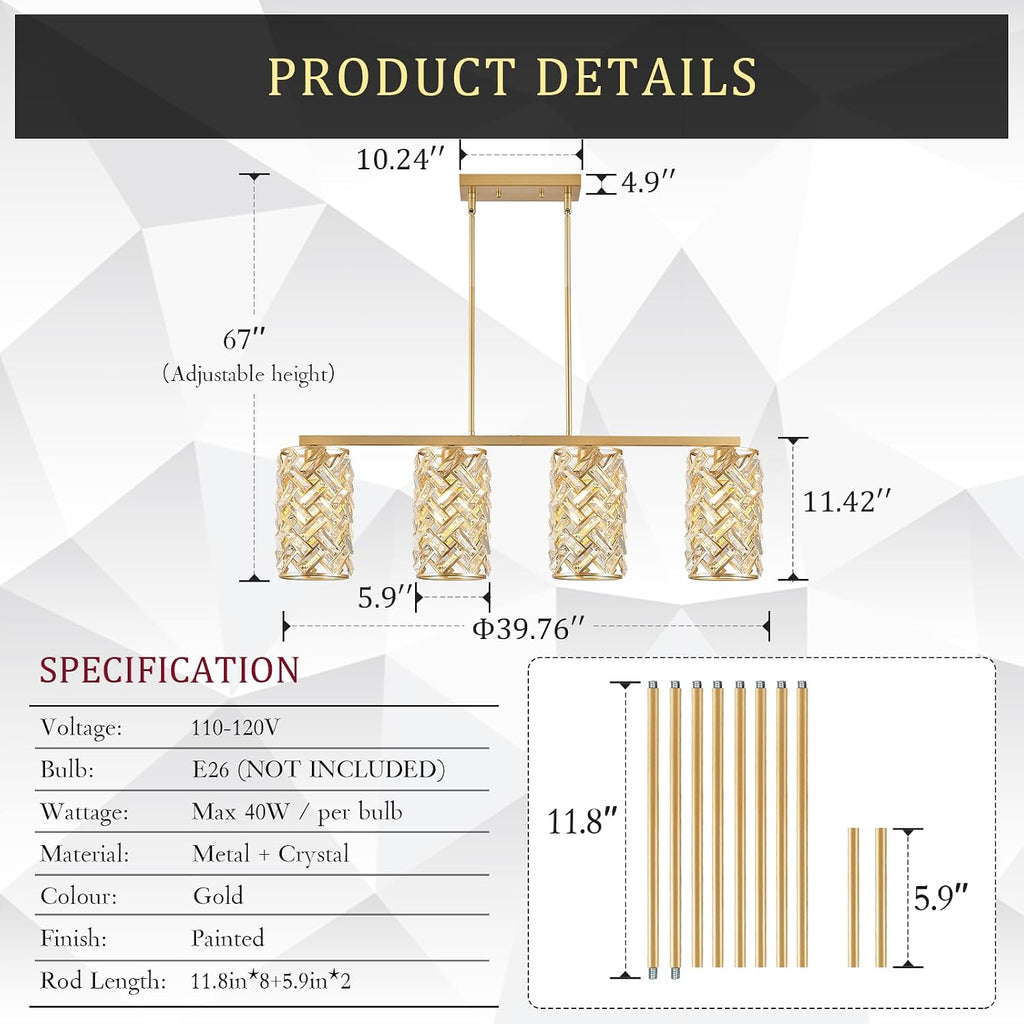 CATINER Gold Crystal Kitchen Island Lighting 40' Modern Linear Chandelier 4 Lights Ceiling Pendant Light Fixture Luxury for Kitchen Dining Room Living Room