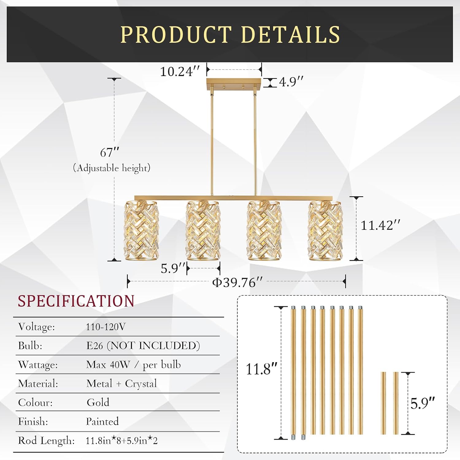 CATINER Gold Crystal Kitchen Island Lighting 40' Modern Linear Chandelier 4 Lights Ceiling Pendant Light Fixture Luxury for Kitchen Dining Room Living Room