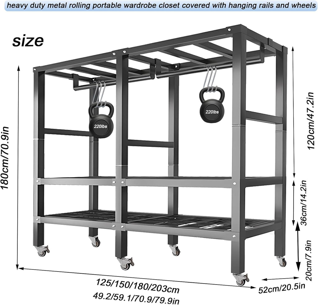 Heavy Duty Rolling Covered Metal Garment Rack with Lockable Wheels and Door, Load 2000lbs, Portable Closets for Hanging Clothes, Large Capacity 360°Enclosed Clothing Racks (A, 59.1in/150cm)