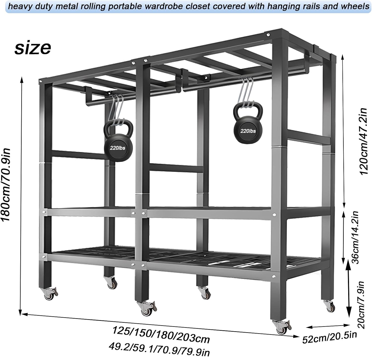Heavy Duty Rolling Covered Metal Garment Rack with Lockable Wheels and Door, Load 2000lbs, Portable Closets for Hanging Clothes, Large Capacity 360°Enclosed Clothing Racks (A, 49.2in/125cm)