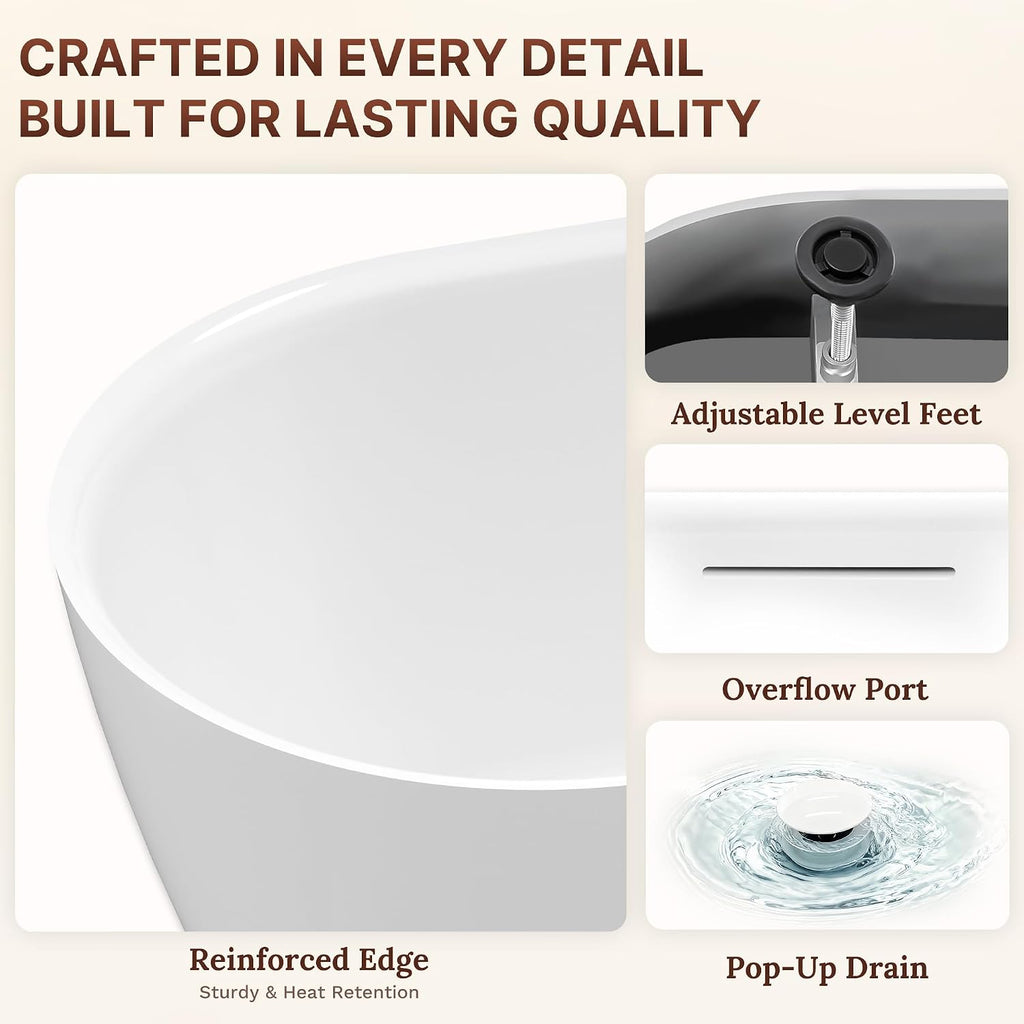 59' Free Standing Tub, Modern Deep Soaking Tub, Acrylic Stand Alone Bath Tub for Bathroom, Freestanding Bathtub with Integrated Overflow & Pop-Up Drain, cUPC Certified, Glossy White Finish