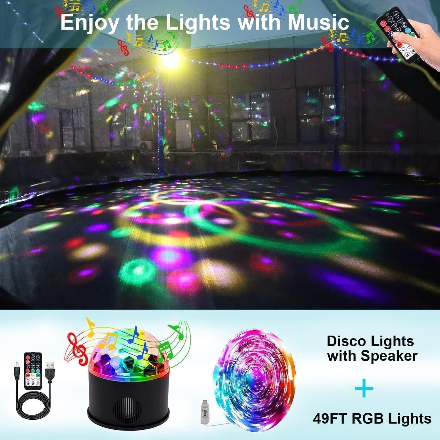1500LBS 10FT 12FT 14FT 15FT 16FT Trampoline with LED Lights, Sprinkler, Music Speaker and Socks, ASTM Approved Outdoor Trampoline for Kids and Adults, Backyard Trampolines with Net Enclosure