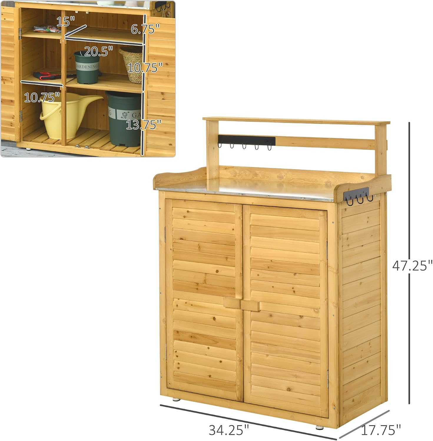 Garden Potting Bench Table Wooden Workstation Shed with Tabletop, Hooks, 3 Tier Shelves Cabinet and 2 Magnetic Close Doors