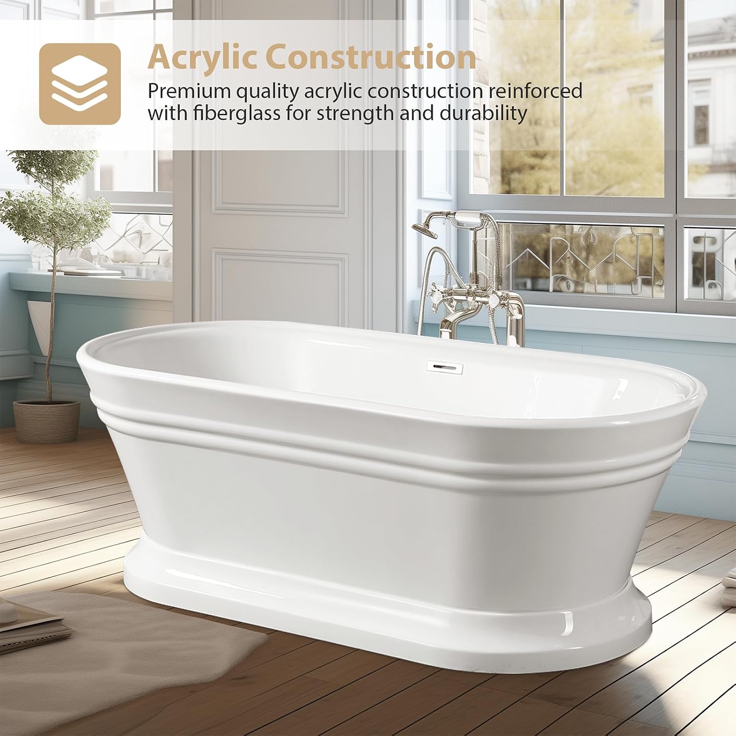 Vanity Art 67 x 31 Inches Freestanding White Acrylic Bathtub Modern Stand Alone Soaking Tub with UPC Certified Slotted Overflow and Pop-up Drain VA6610-L-TG