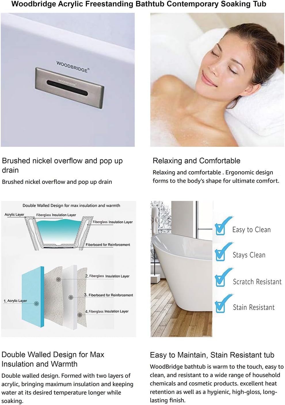 WOODBRIDGE 67' Acrylic Freestanding Bathtub Contemporary Soaking Tub with Brushed Nickel Overflow and Drain, B-0002 / BTA1504