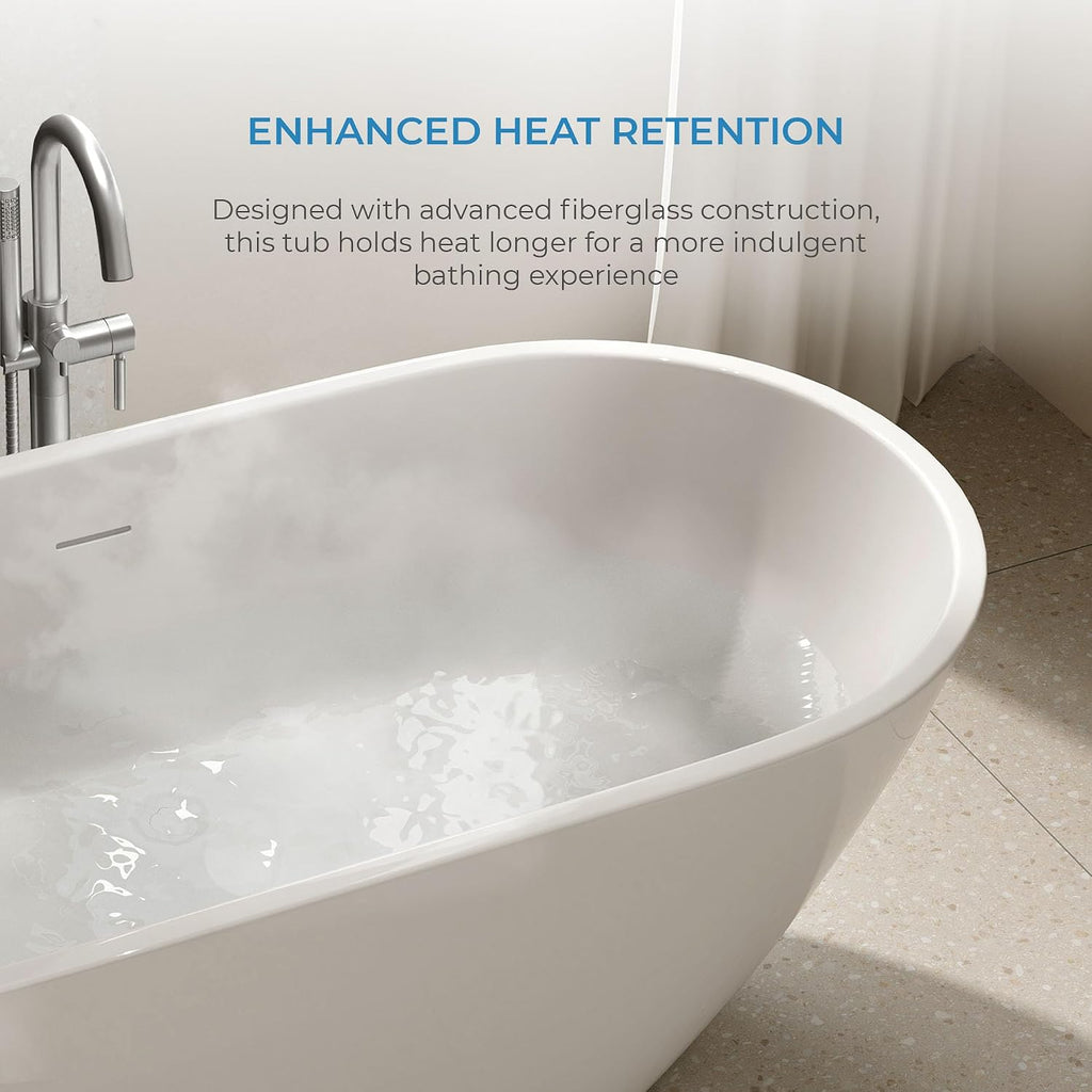 OVE Decors Ayago 59 in. Solid Surface Freestanding White Acrylic Soaking Bathtub, with Overflow and Brushed Gold Pop-up Drain