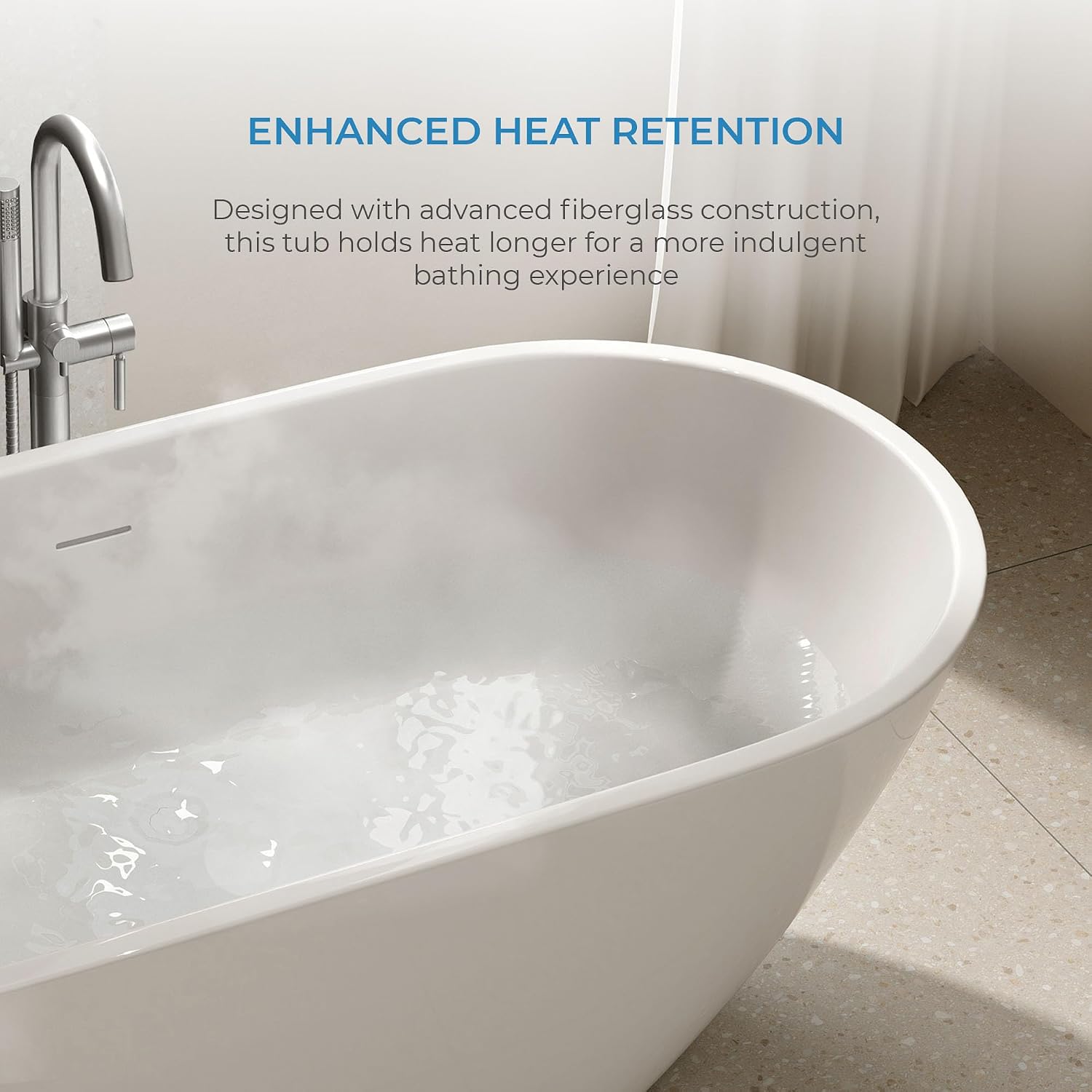 OVE Decors Ayago 59 in. Solid Surface Freestanding White Acrylic Soaking Bathtub, with Overflow and Brushed Gold Pop-up Drain