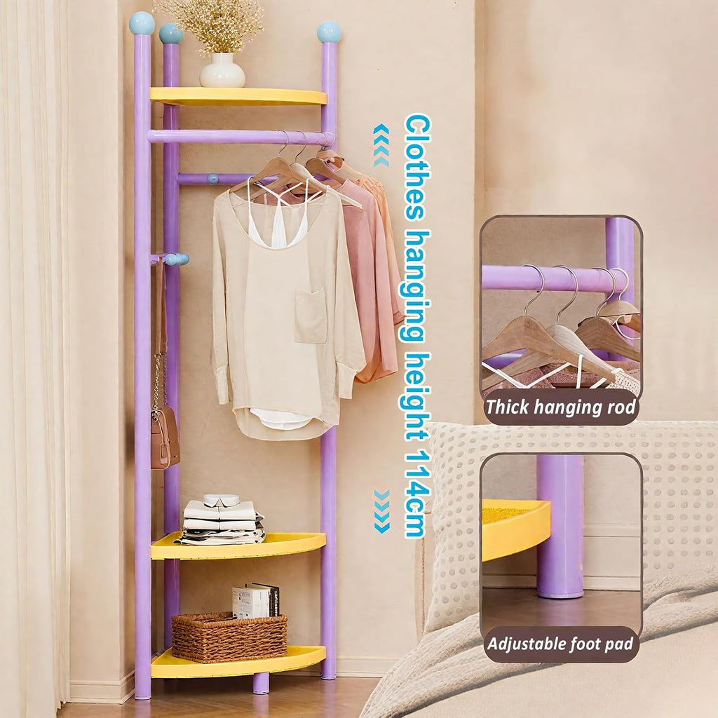 Corner Coat Rack, Corner Hall Tree with 3 Tier Shelves, Metal Clothes Rack, Freestanding Garment Racks for Bedroom, Living Room, Entryway(Purple)