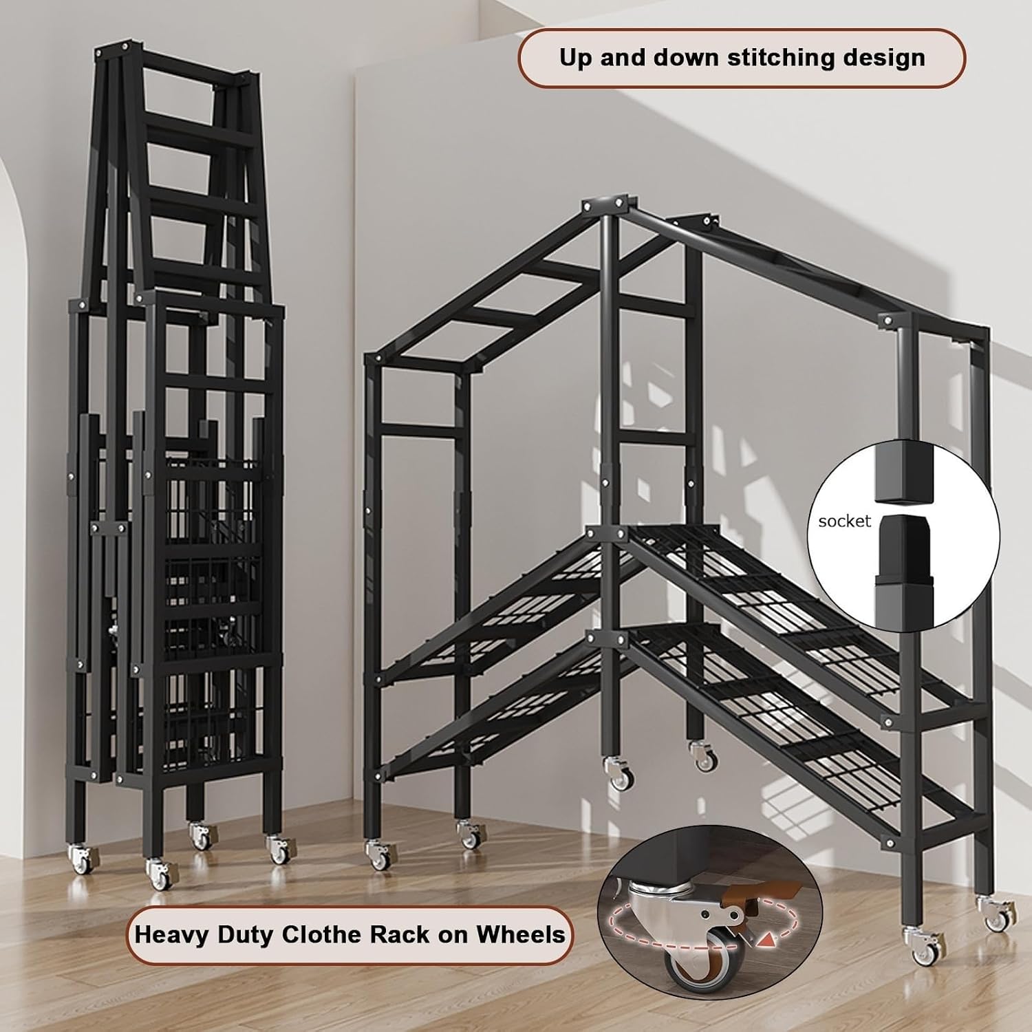 Rollable Clothes Rack, Portable Closet Clothes Rack Organizer for Hanging Clothes, Metal Clothes Rack with Wheels, Foldable Shelves, Freestanding Wardrobe with Dust Cover(150cm/59in)