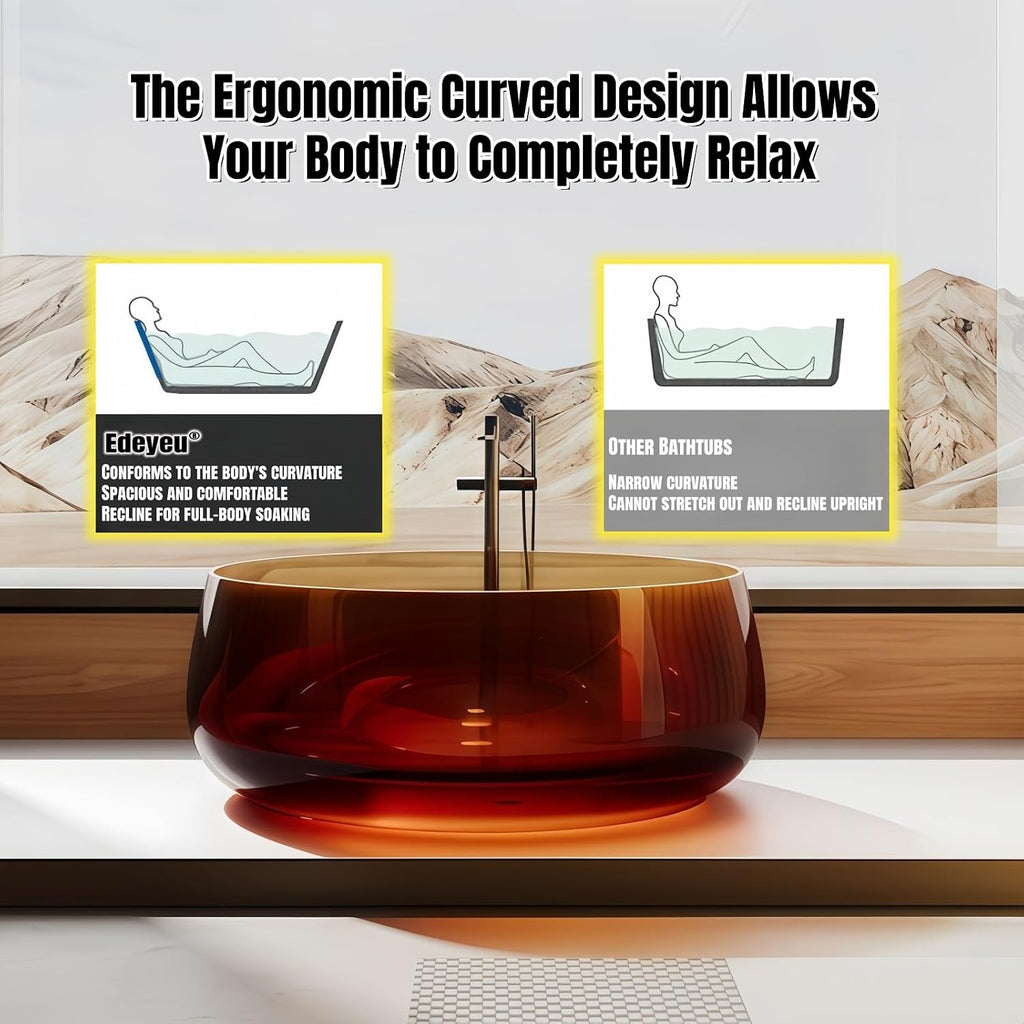 55' Edeyeu Freestanding Bathtub - Transparent Resin Extra Deep Soaking Tub, Ergonomic Solid Surface Bathtub Alternative With Handcrafted Finish for Modern Home Spa with Drain Red