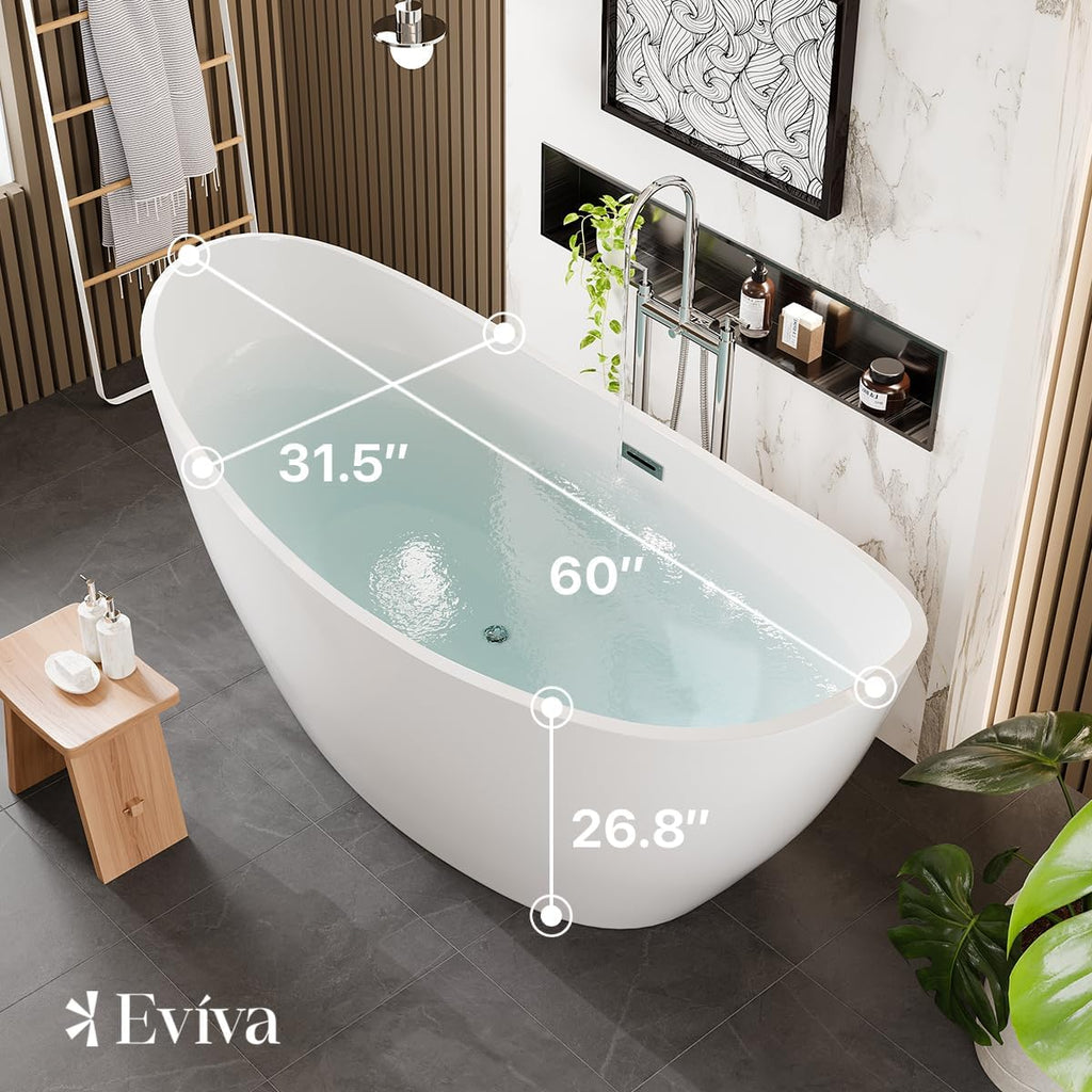 EVIVA Bella 60-Inch Acrylic Bathtub Non-Slip Deep Soaking Bathtub Freestanding Modern Soaker Deep Oval Bath Tub in Glossy White with Chrome Overflow and Middle Drain