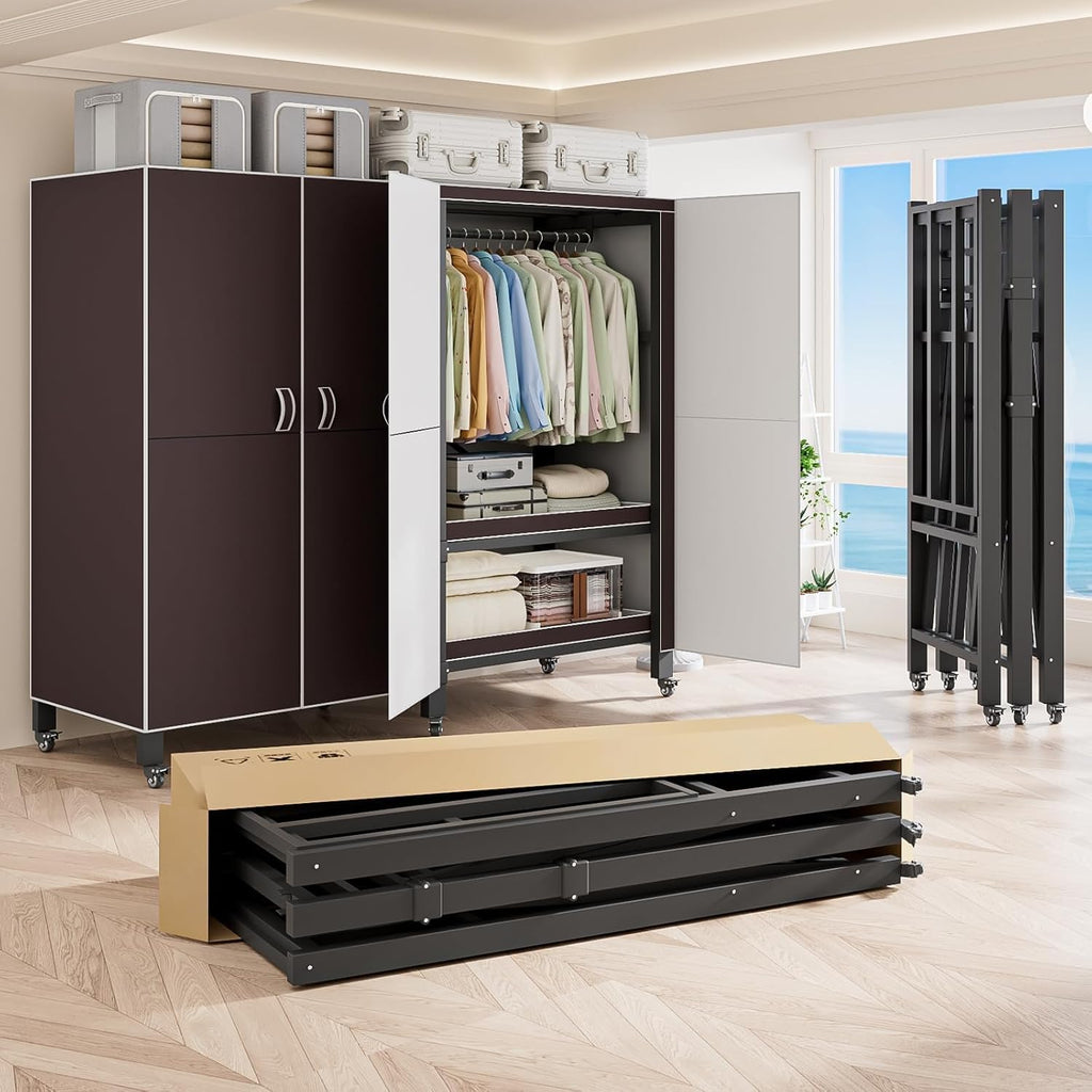 Heavy Duty Covered Clothes Rack with Magnetic Door Foldable Portable Wardrobe Closet for Hanging Clothing Rolling Black Metal Garment Rack on Wheels Closet System (Brown, 49.12in)