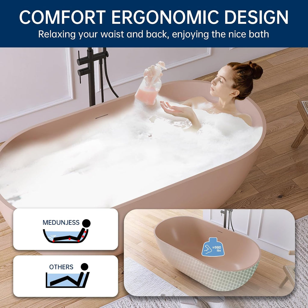 59' Resin Stone Free Standing Tub Bathtubs, Soaking Tub with Solid Surface, Bathroom Freestanding Bathtub with Overflow and Drain, Pink
