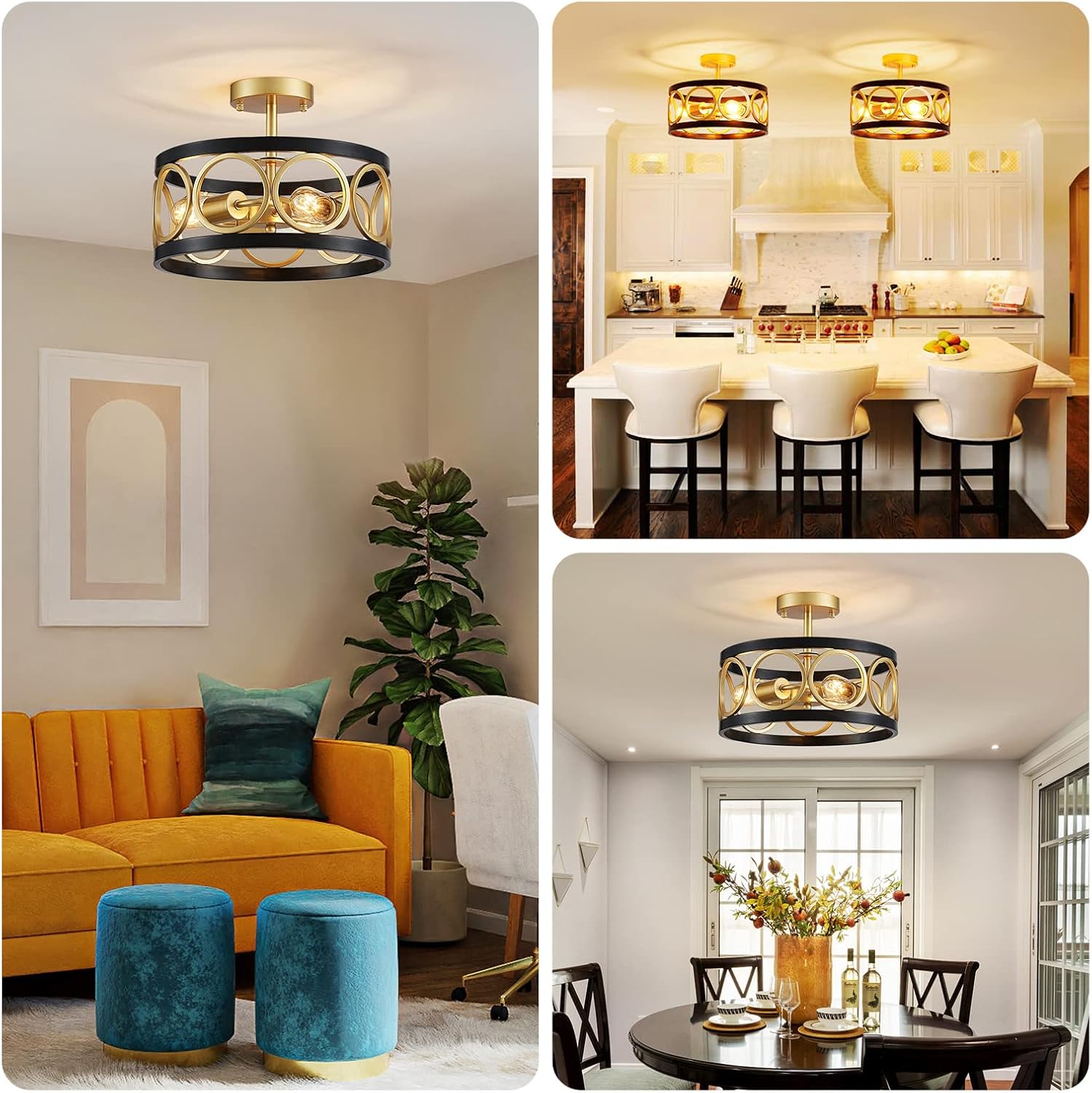 XINGQI 13' Modern Semi Flush Mount Ceiling Light Fixture, Black and Gold Drum Chandelier with Metal Shade Farmhouse Round Ceiling Lamp for Living Dining Room Bedroom