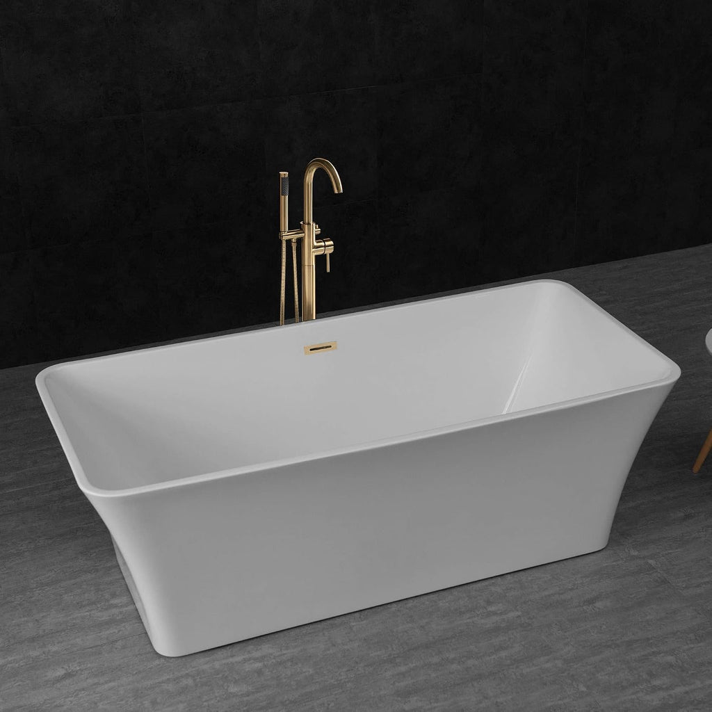 WOODBRIDGE 67' Acrylic Freestanding Bathtub Contemporary Soaking Tub, White Acrylic (Brushed Gold Drain/Overflow), B0004 -G-Drain &O