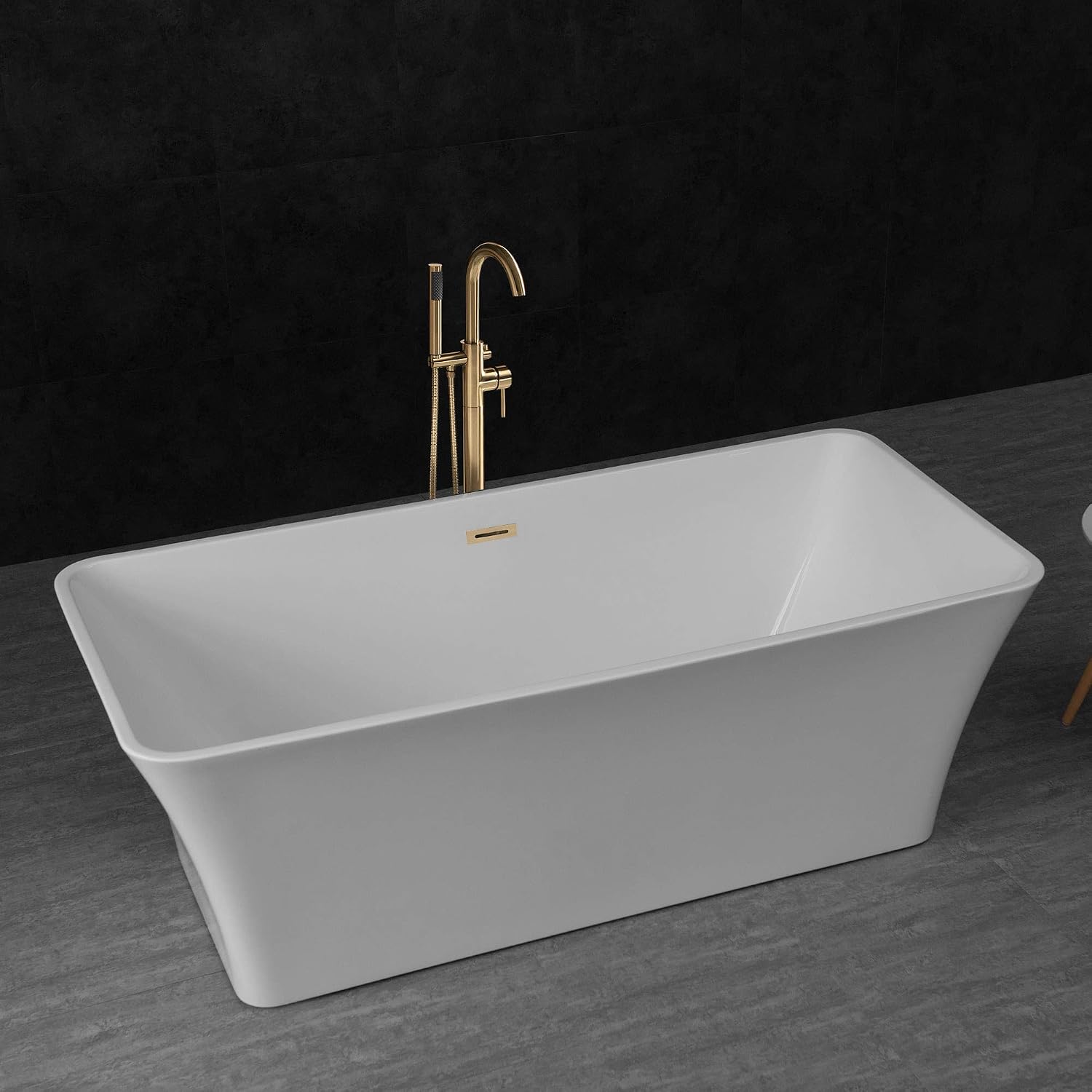 WOODBRIDGE 67' Acrylic Freestanding Bathtub Contemporary Soaking Tub, White Acrylic (Brushed Gold Drain/Overflow), B0004 -G-Drain &O