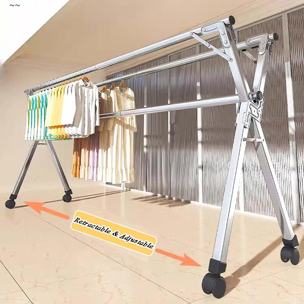 Clothes Drying Rack Foldable Indoor, Heavy Duty Outdoor Laundry Drying Rack, Space Saving Hanger Rack, Length Adjustable Garment Rack, Collapsible, for Clothes, Towels, Linens